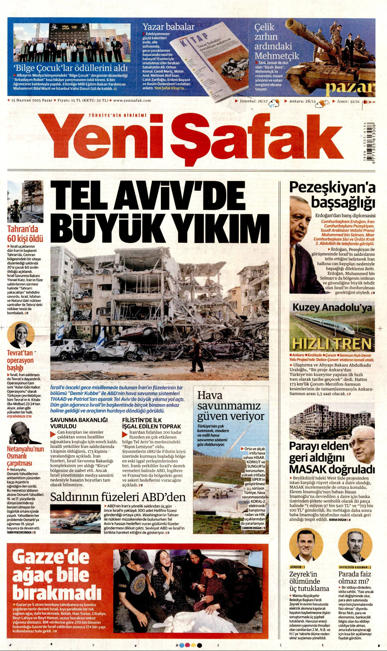 YENİ ŞAFAK gazetesinin 15 Haziran 2025 tarihli birinci sayfası