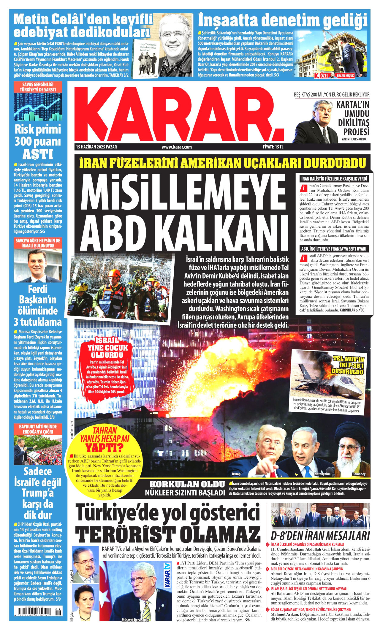 KARAR gazetesinin 15 Haziran 2025 tarihli birinci sayfası