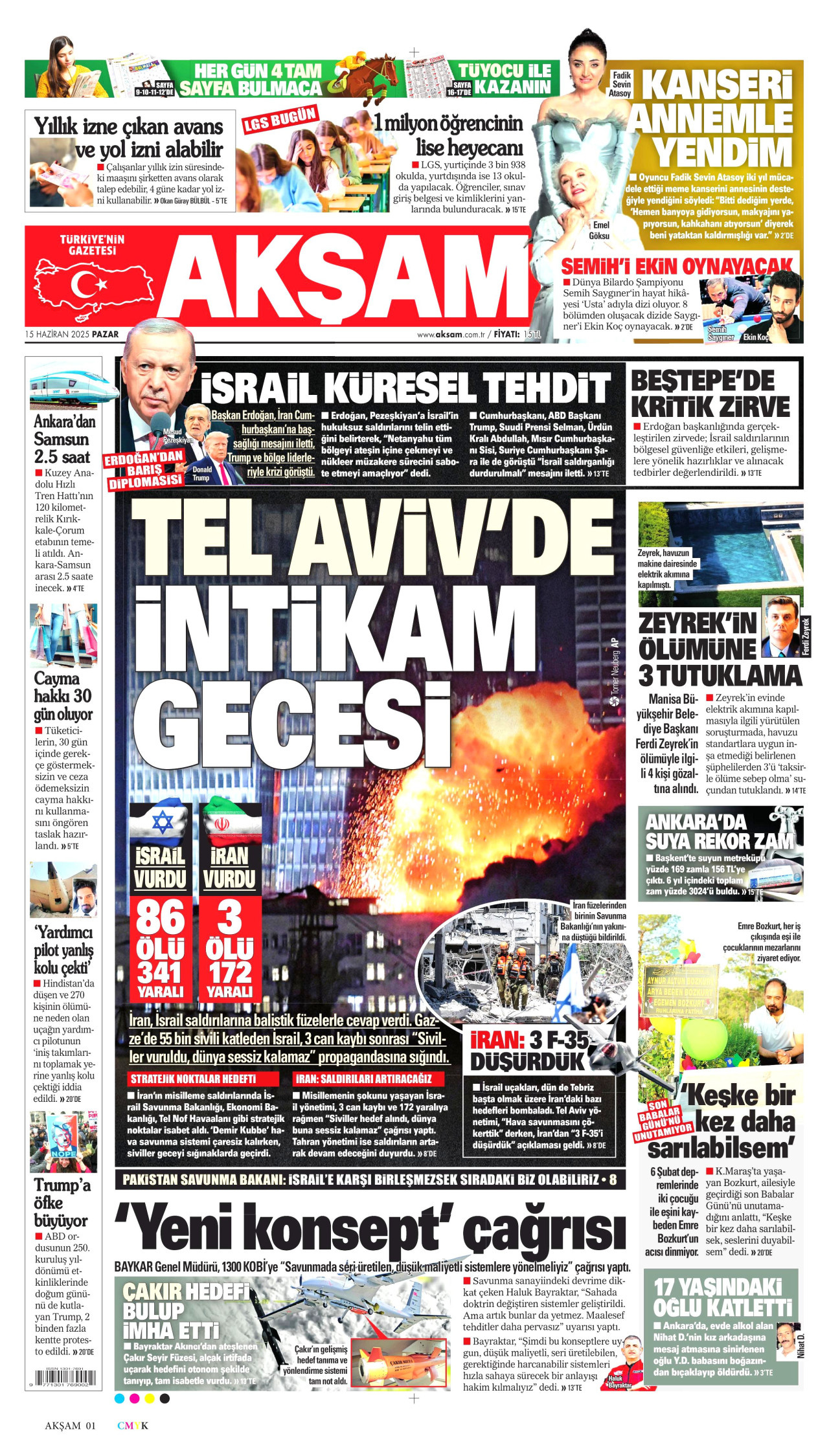 AKŞAM gazetesinin 15 Haziran 2025 tarihli birinci sayfası