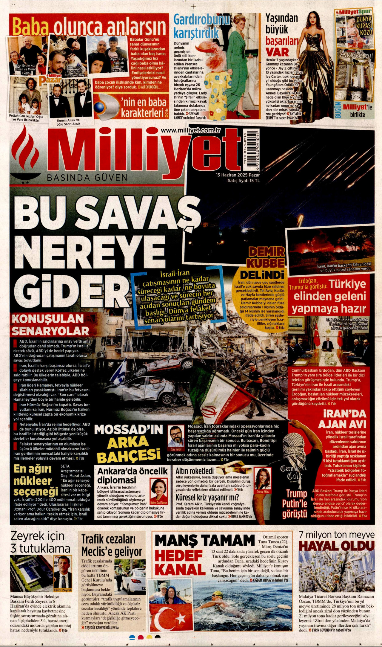 MİLLİYET gazetesinin 15 Haziran 2025 tarihli birinci sayfası