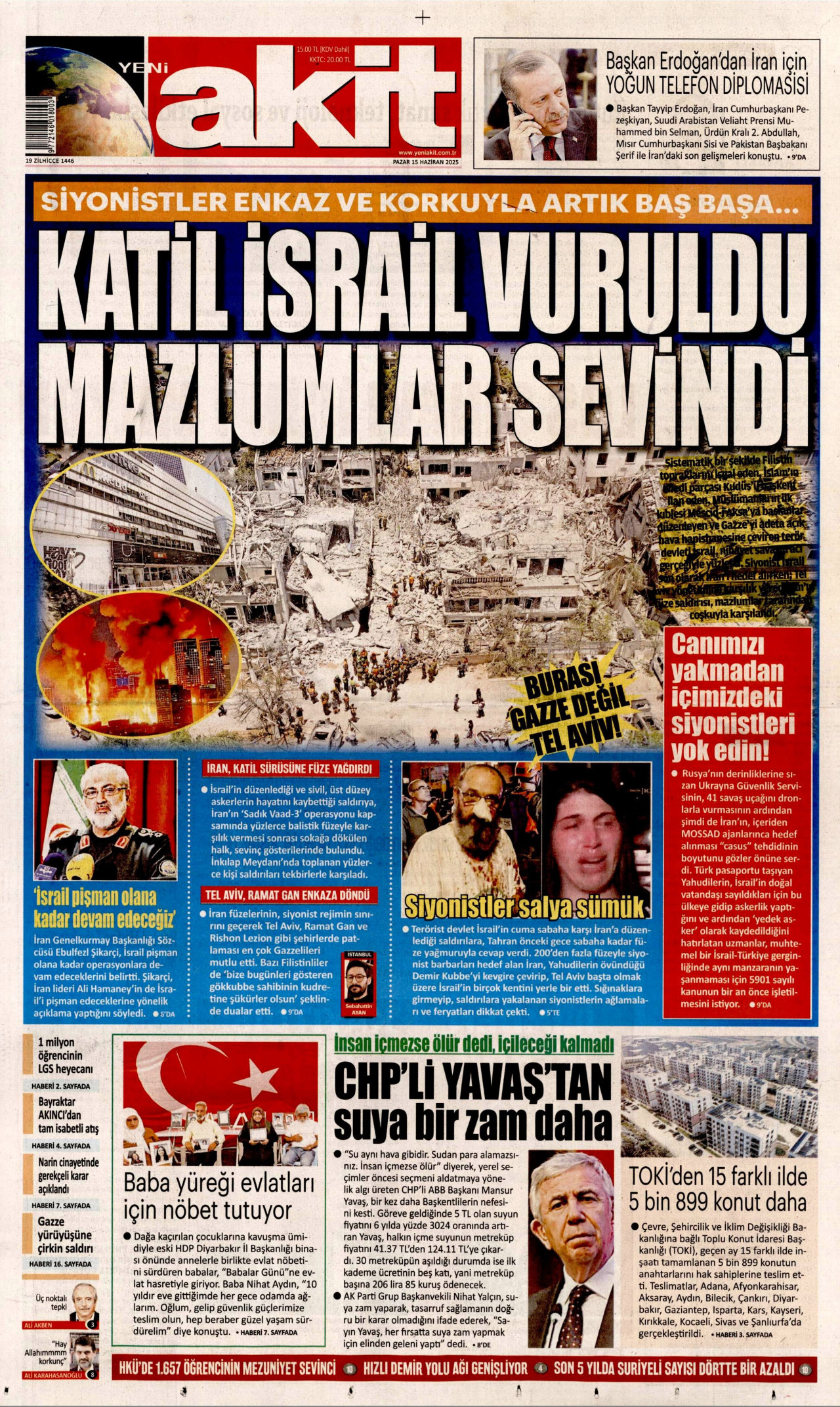 YENİ AKİT gazetesinin 15 Haziran 2025 tarihli birinci sayfası
