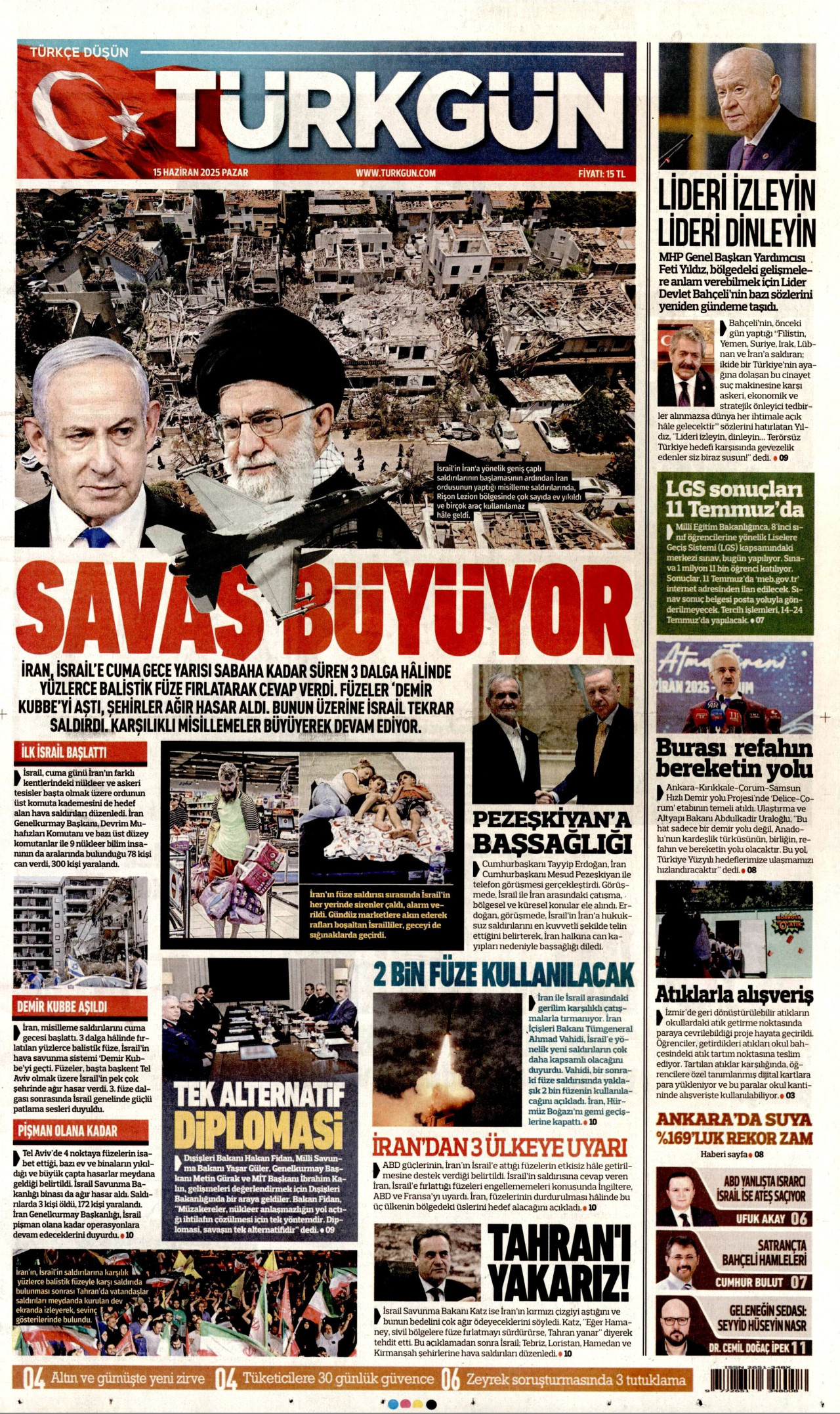 TÜRKGÜN gazetesinin 15 Haziran 2025 tarihli birinci sayfası