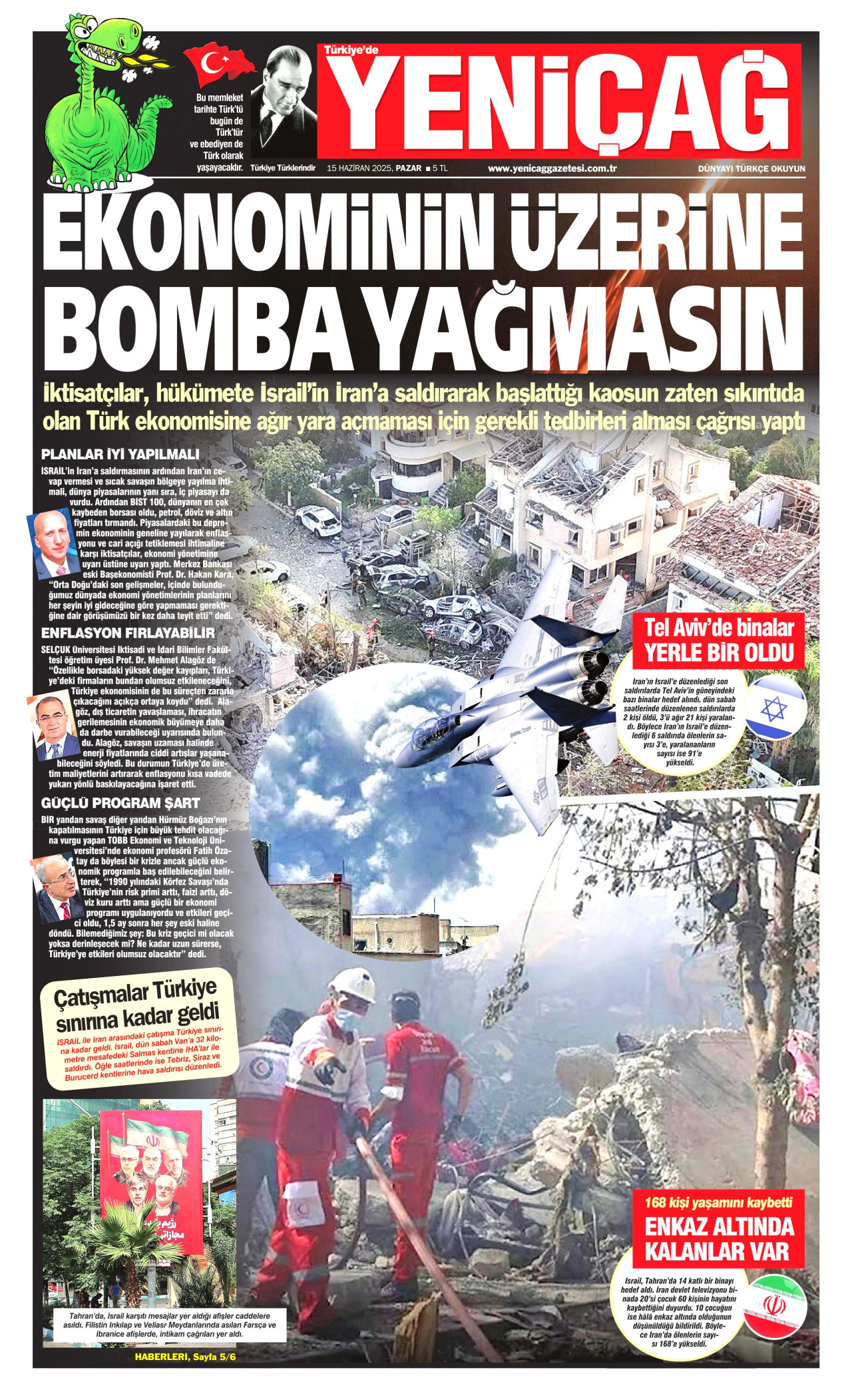 YENİÇAĞ gazetesinin 15 Haziran 2025 tarihli birinci sayfası