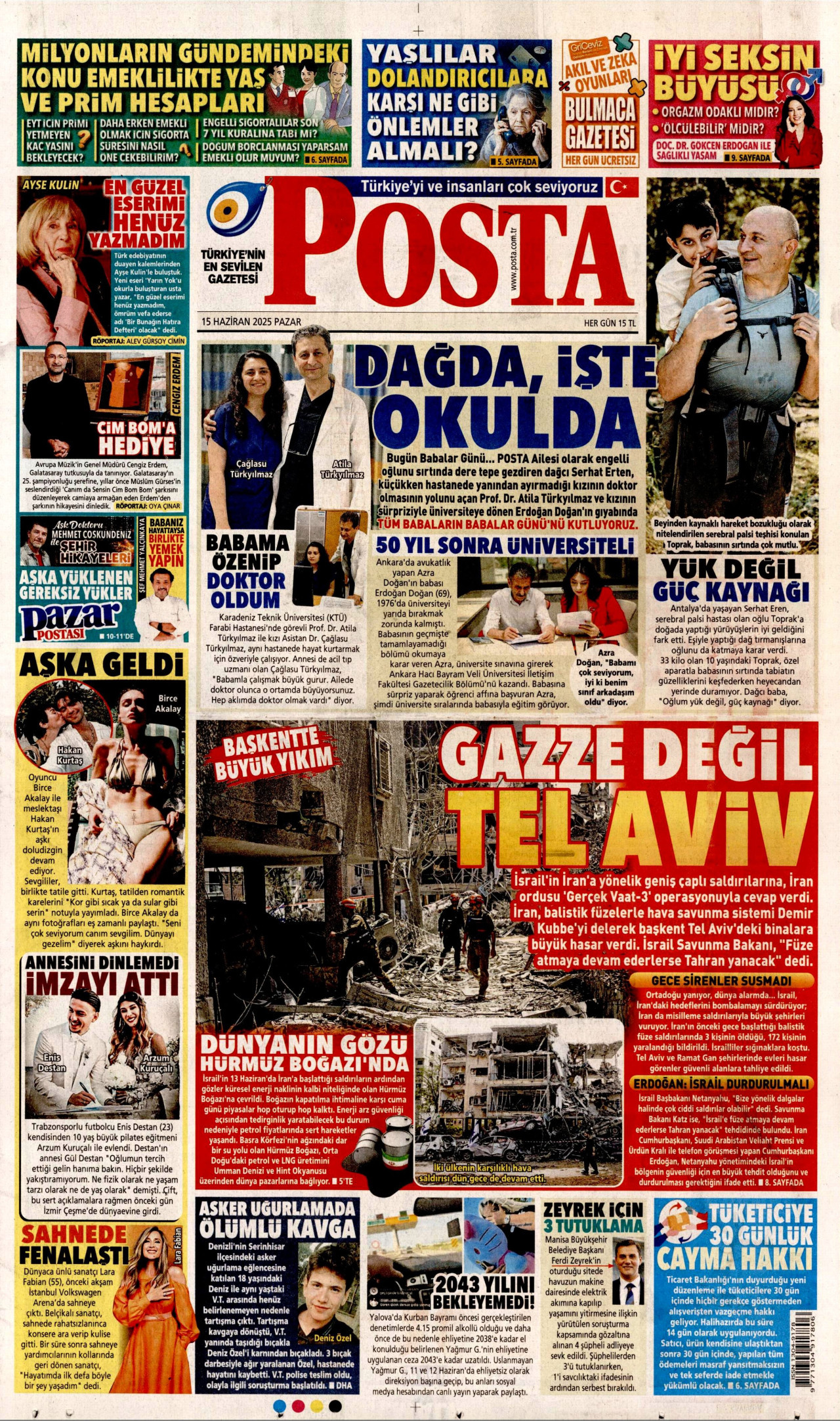 POSTA gazetesinin 15 Haziran 2025 tarihli birinci sayfası