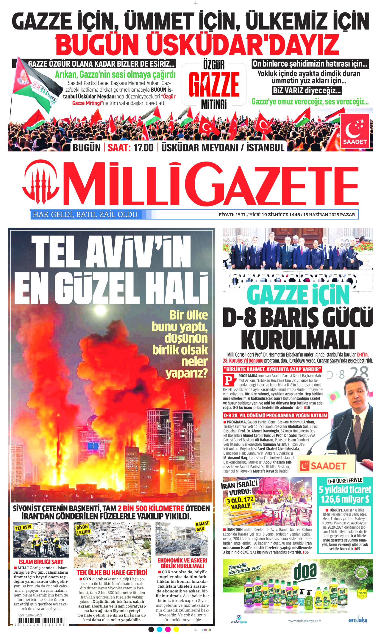 MİLLİ GAZETE gazetesinin 15 Haziran 2025 tarihli birinci sayfası