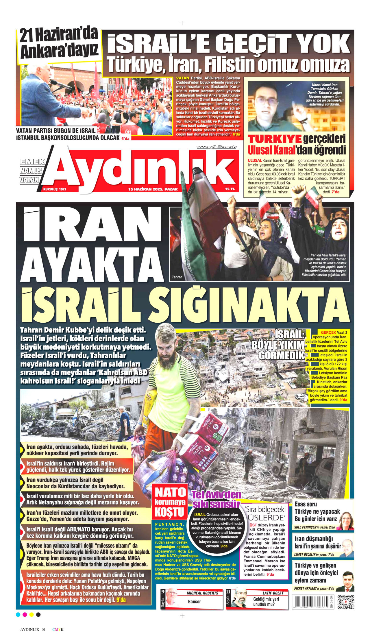 AYDINLIK GAZETESİ gazetesinin 15 Haziran 2025 tarihli birinci sayfası