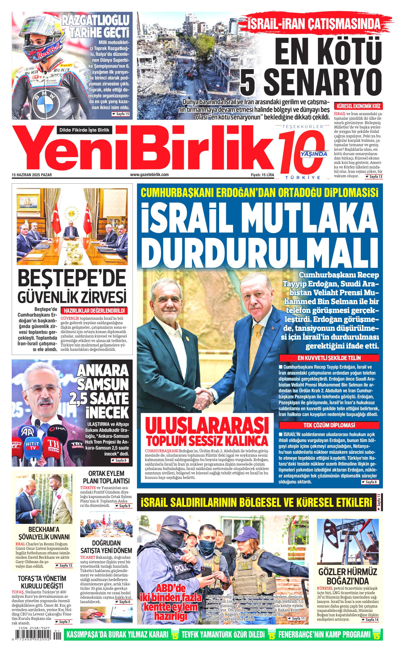 YENİBİRLİK gazetesinin 15 Haziran 2025 tarihli birinci sayfası