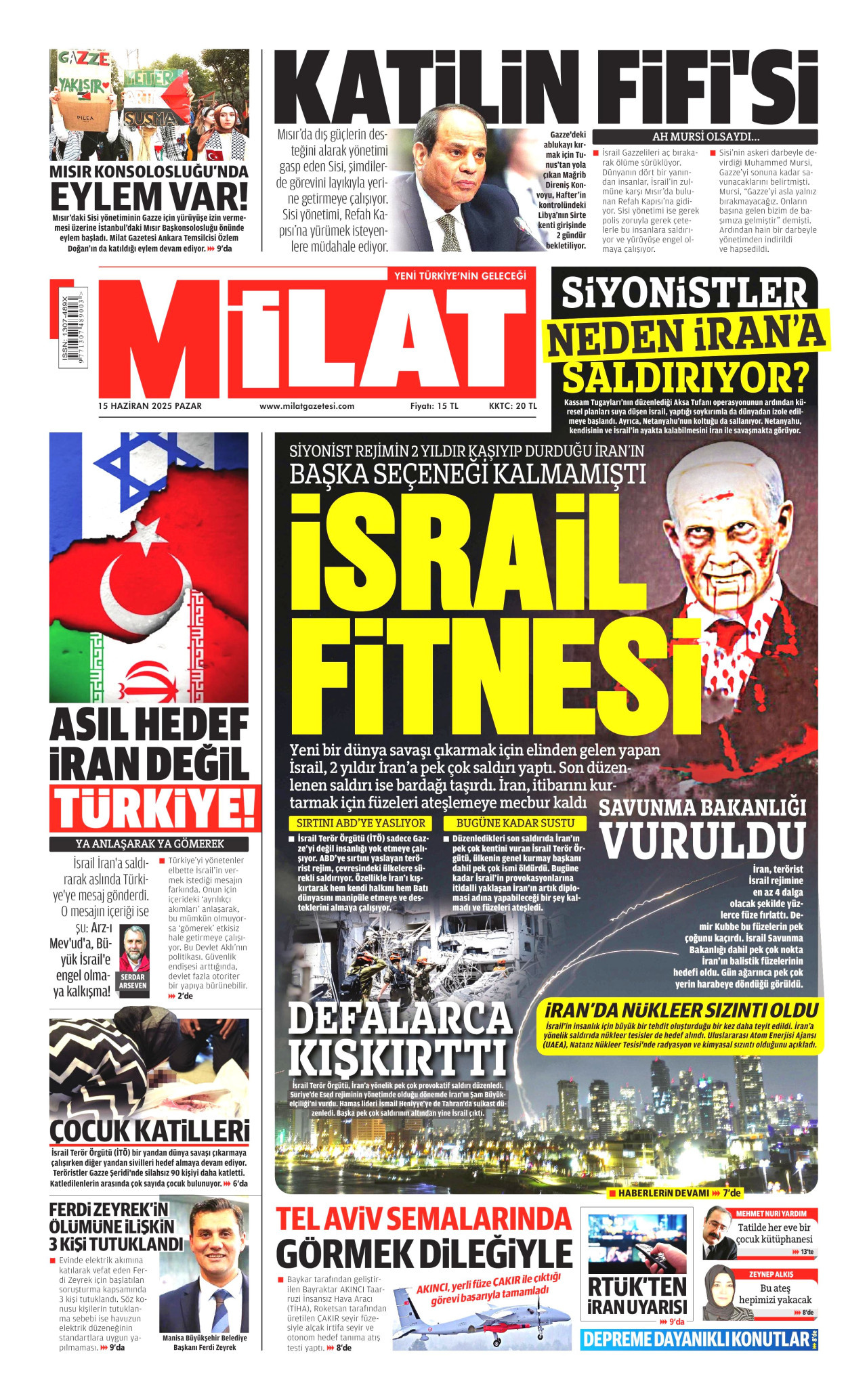 MİLAT gazetesinin 15 Haziran 2025 tarihli birinci sayfası