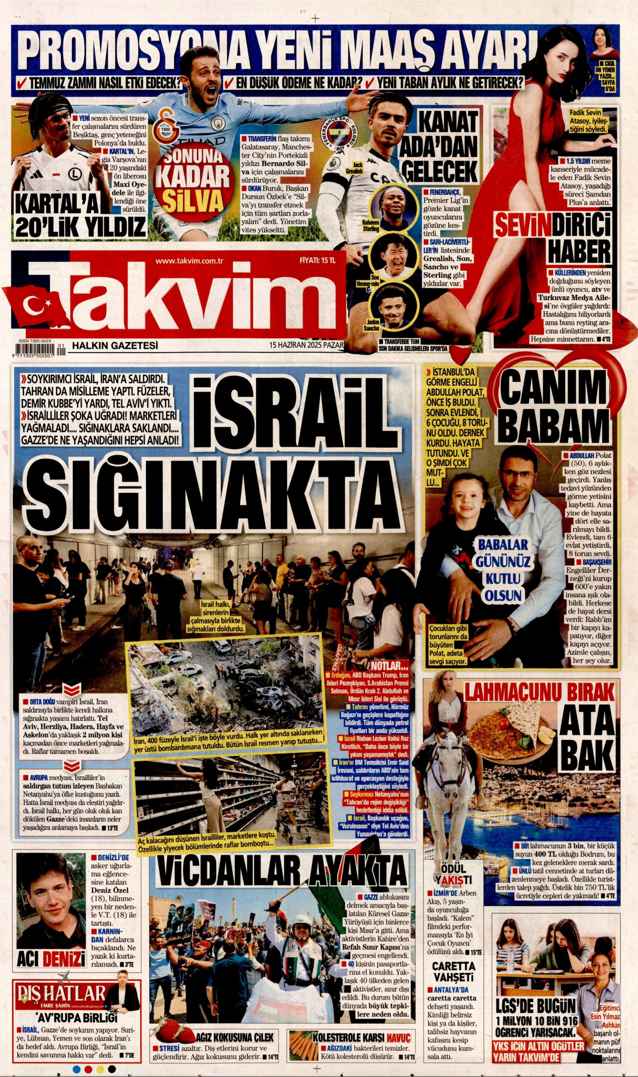 TAKVİM gazetesinin 15 Haziran 2025 tarihli birinci sayfası
