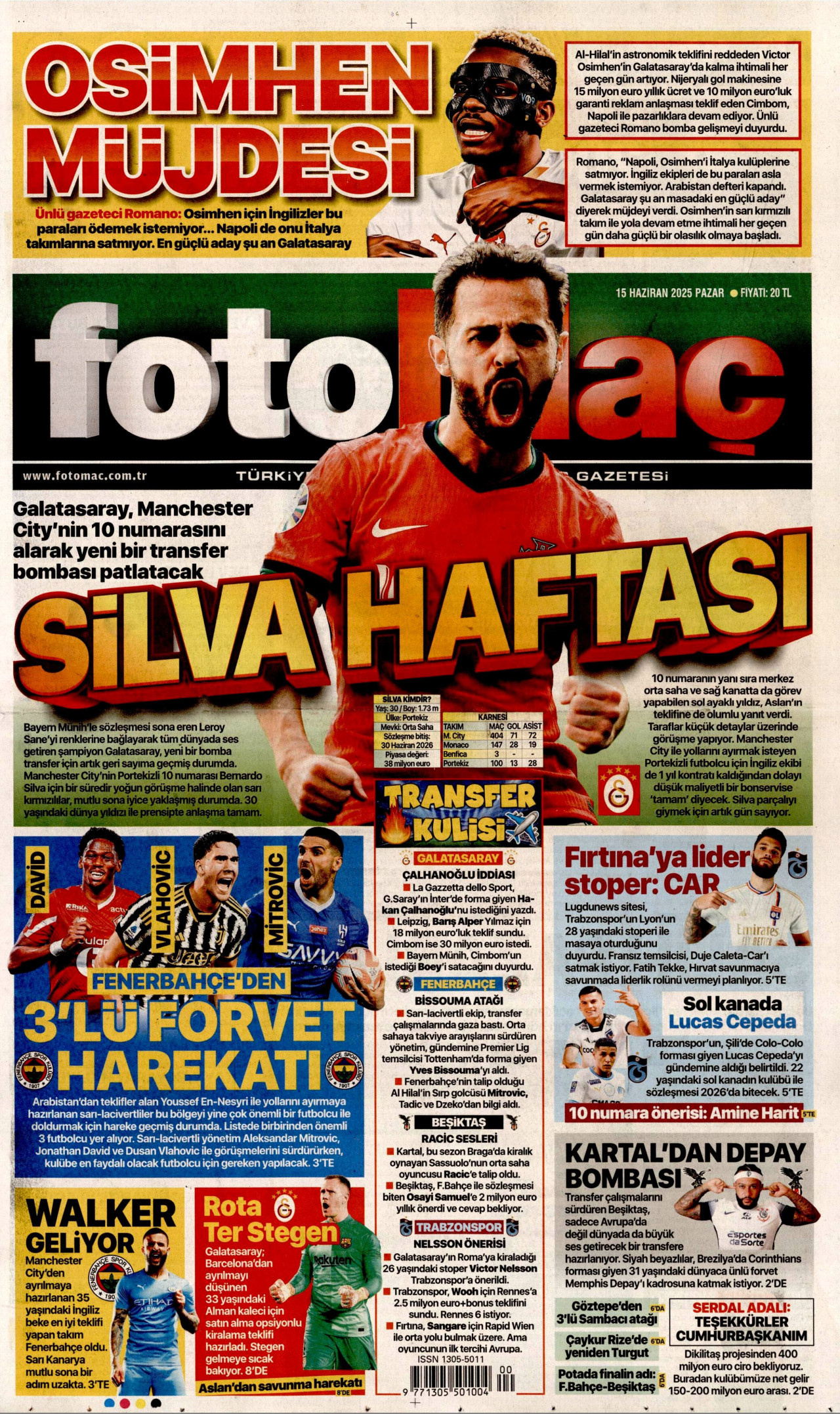FOTOMAÇ gazetesinin 15 Haziran 2025 tarihli birinci sayfası