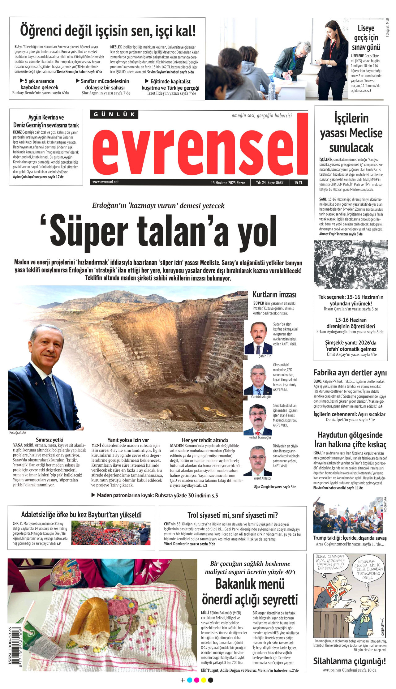 EVRENSEL gazetesinin 15 Haziran 2025 tarihli birinci sayfası