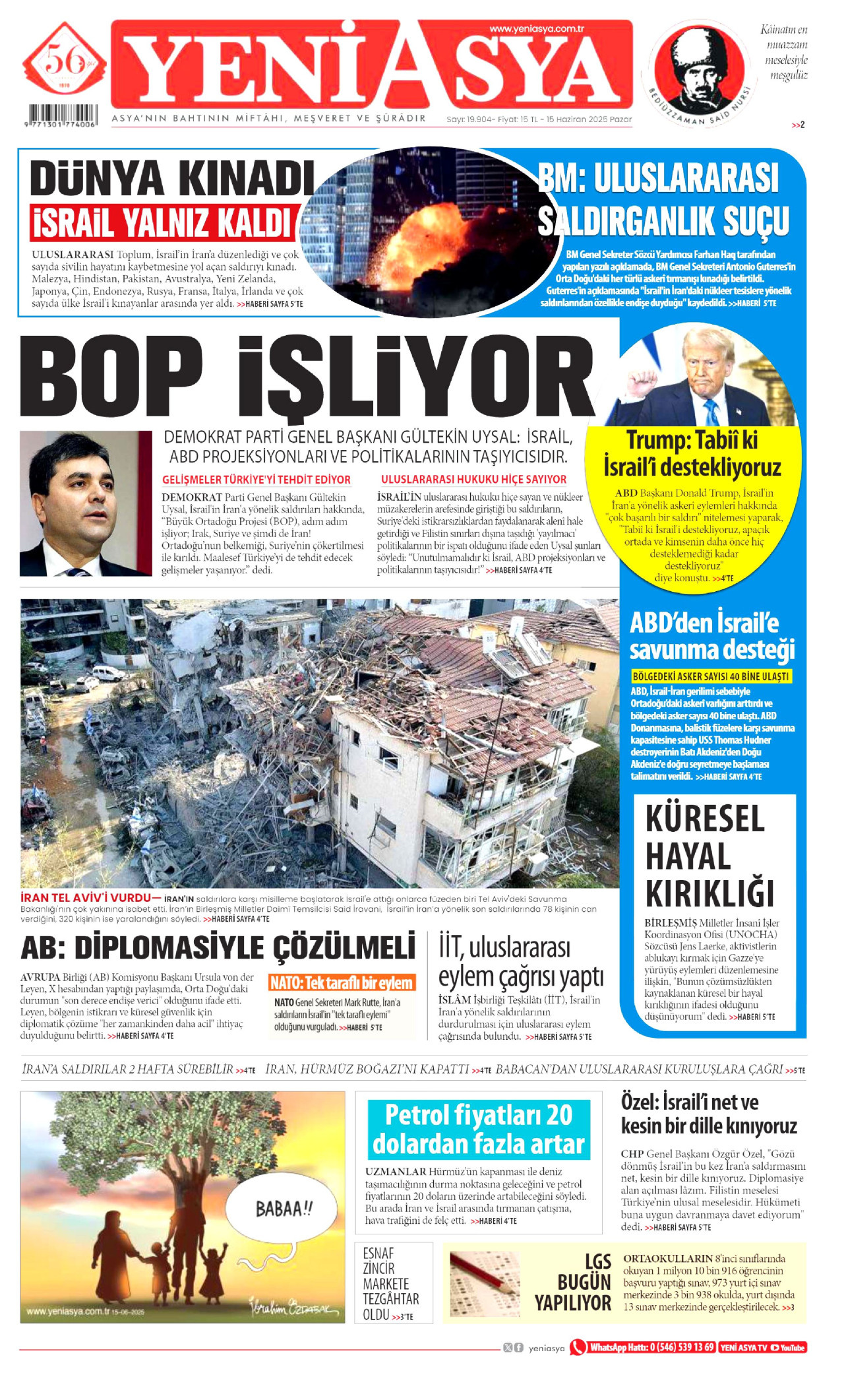 YENİ ASYA gazetesinin 15 Haziran 2025 tarihli birinci sayfası