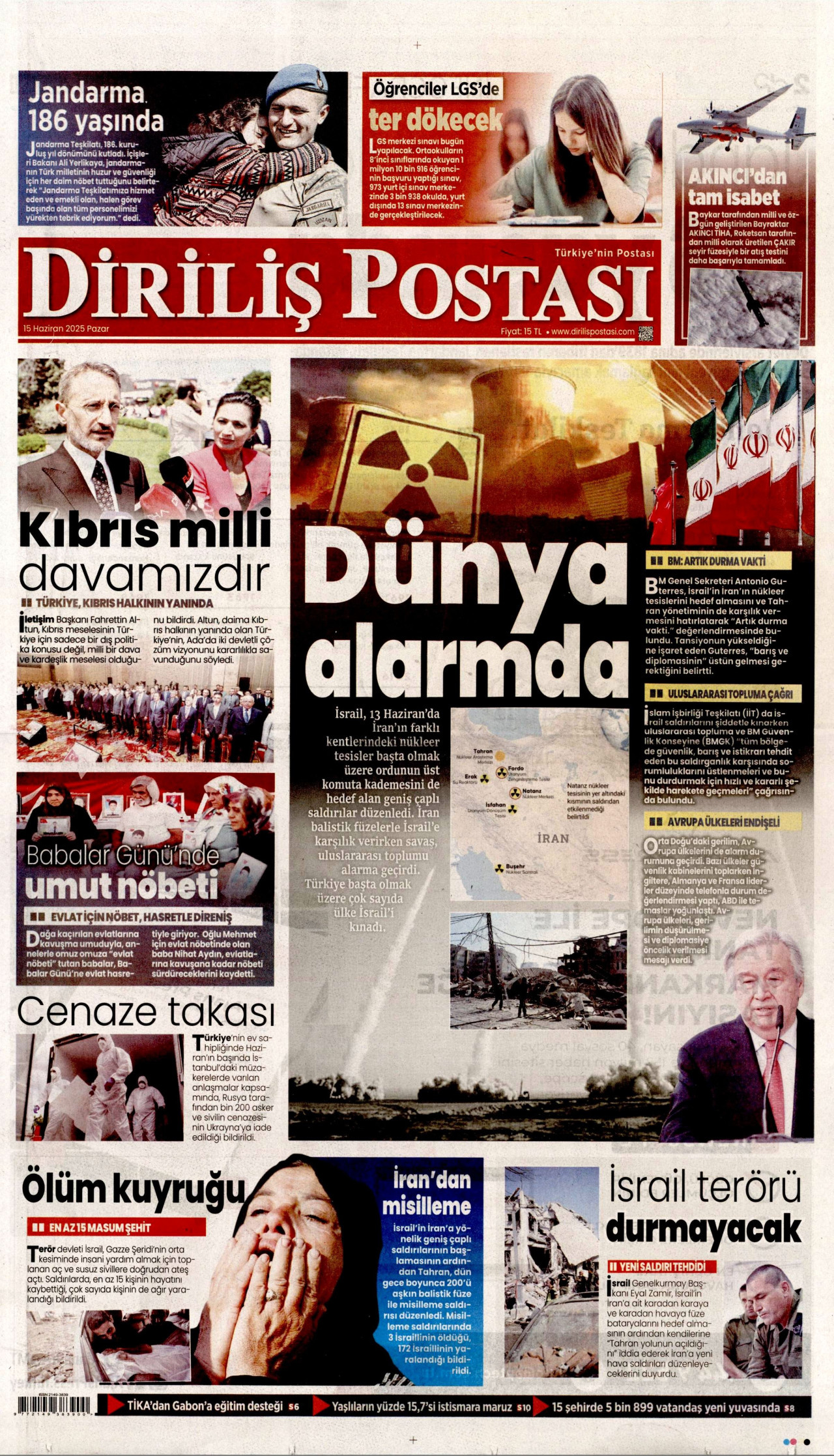 DİRİLİŞ POSTASI gazetesinin 15 Haziran 2025 tarihli birinci sayfası