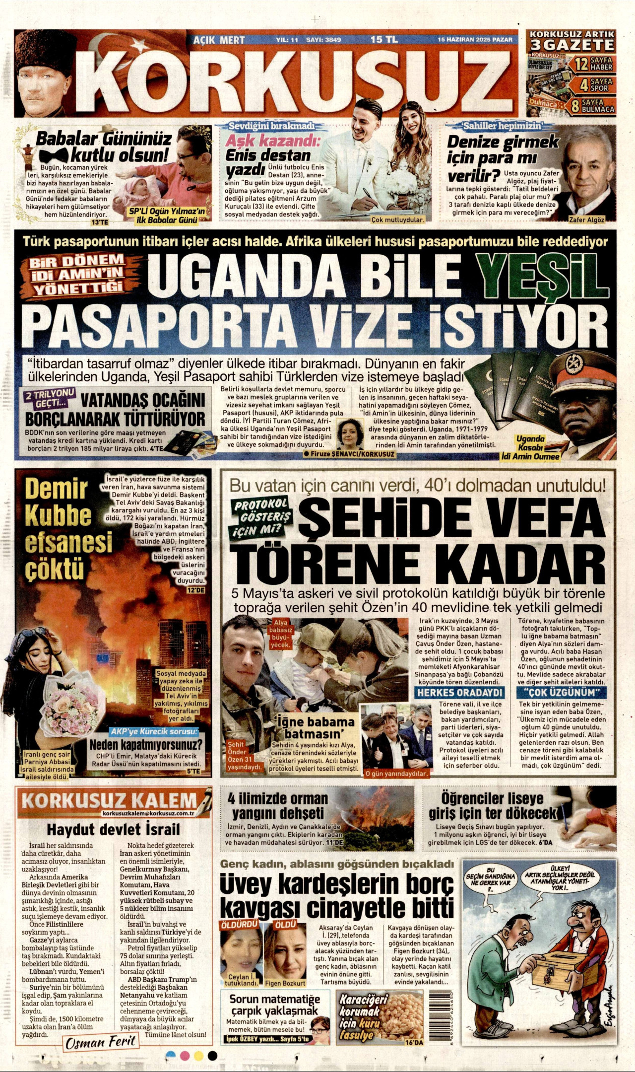 KORKUSUZ gazetesinin 15 Haziran 2025 tarihli birinci sayfası