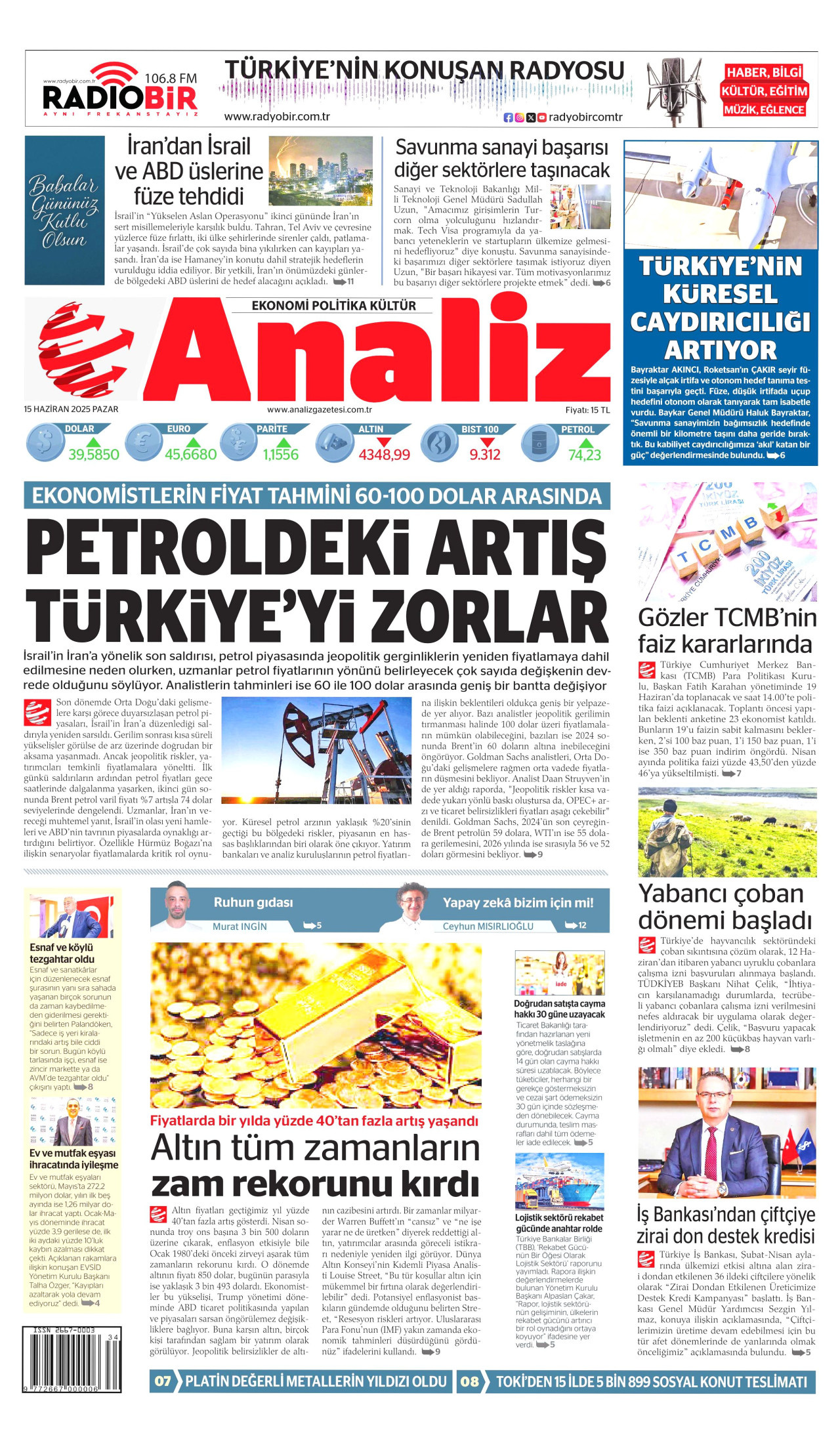 ANALİZ gazetesinin 15 Haziran 2025 tarihli birinci sayfası