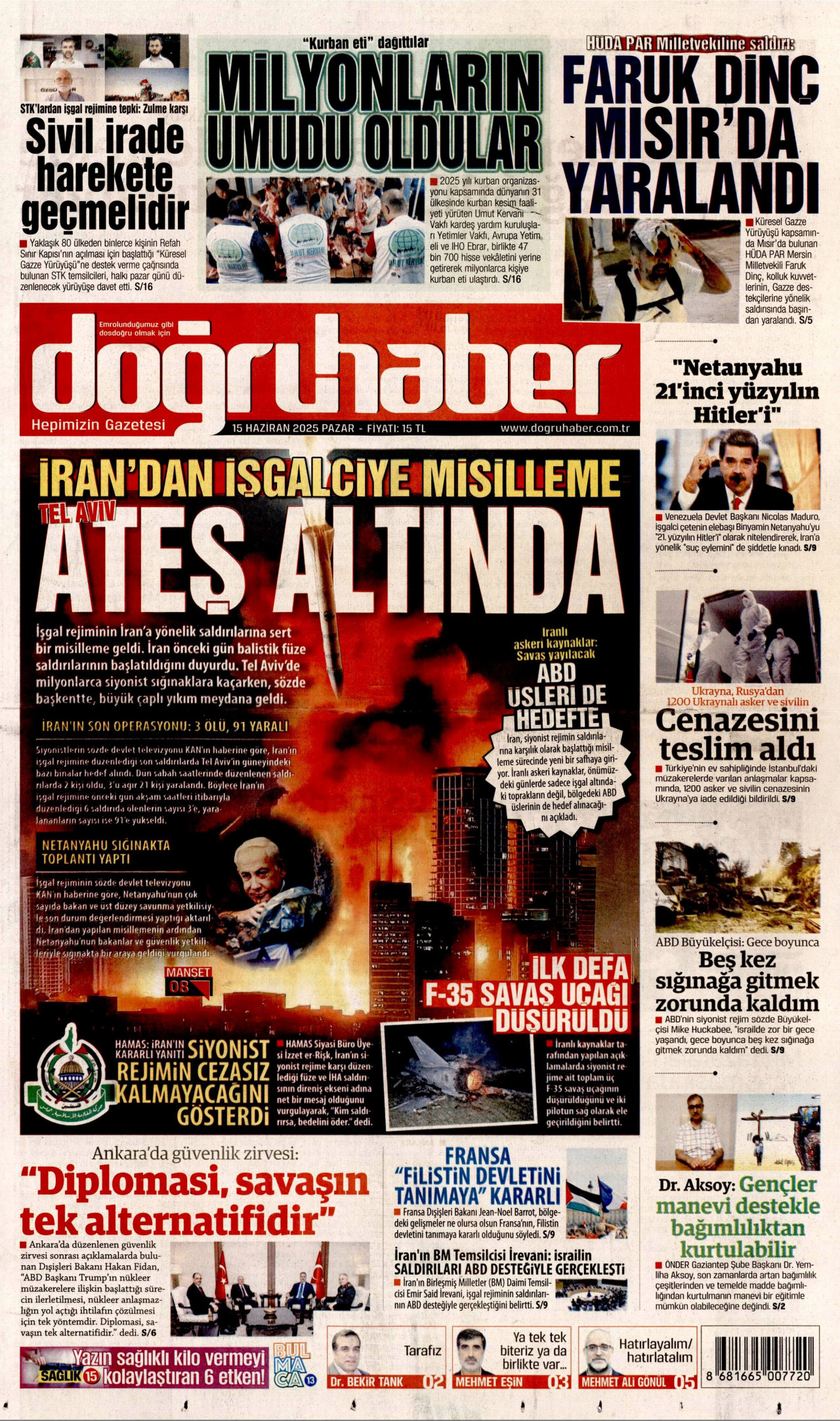 DOĞRU HABER gazetesinin 15 Haziran 2025 tarihli birinci sayfası