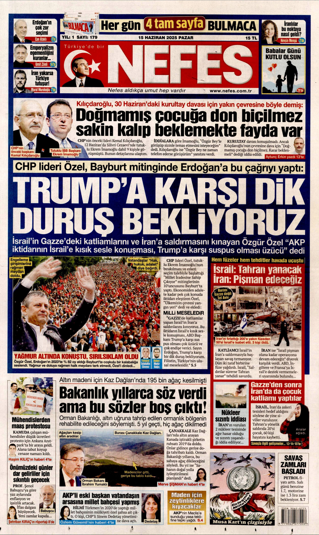 NEFES gazetesinin 15 Haziran 2025 tarihli birinci sayfası