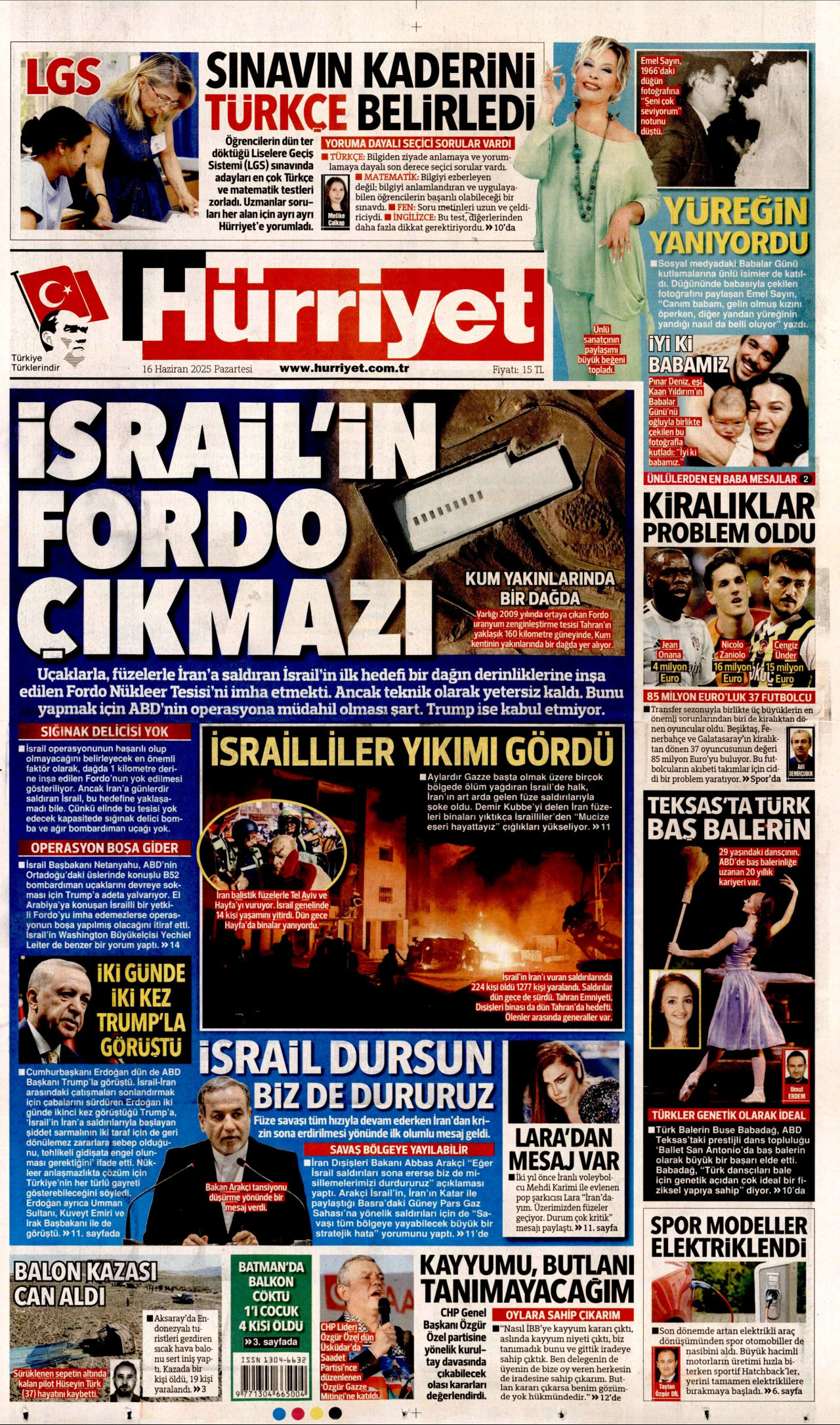 HÜRRİYET gazetesinin 16 Haziran 2025 tarihli birinci sayfası