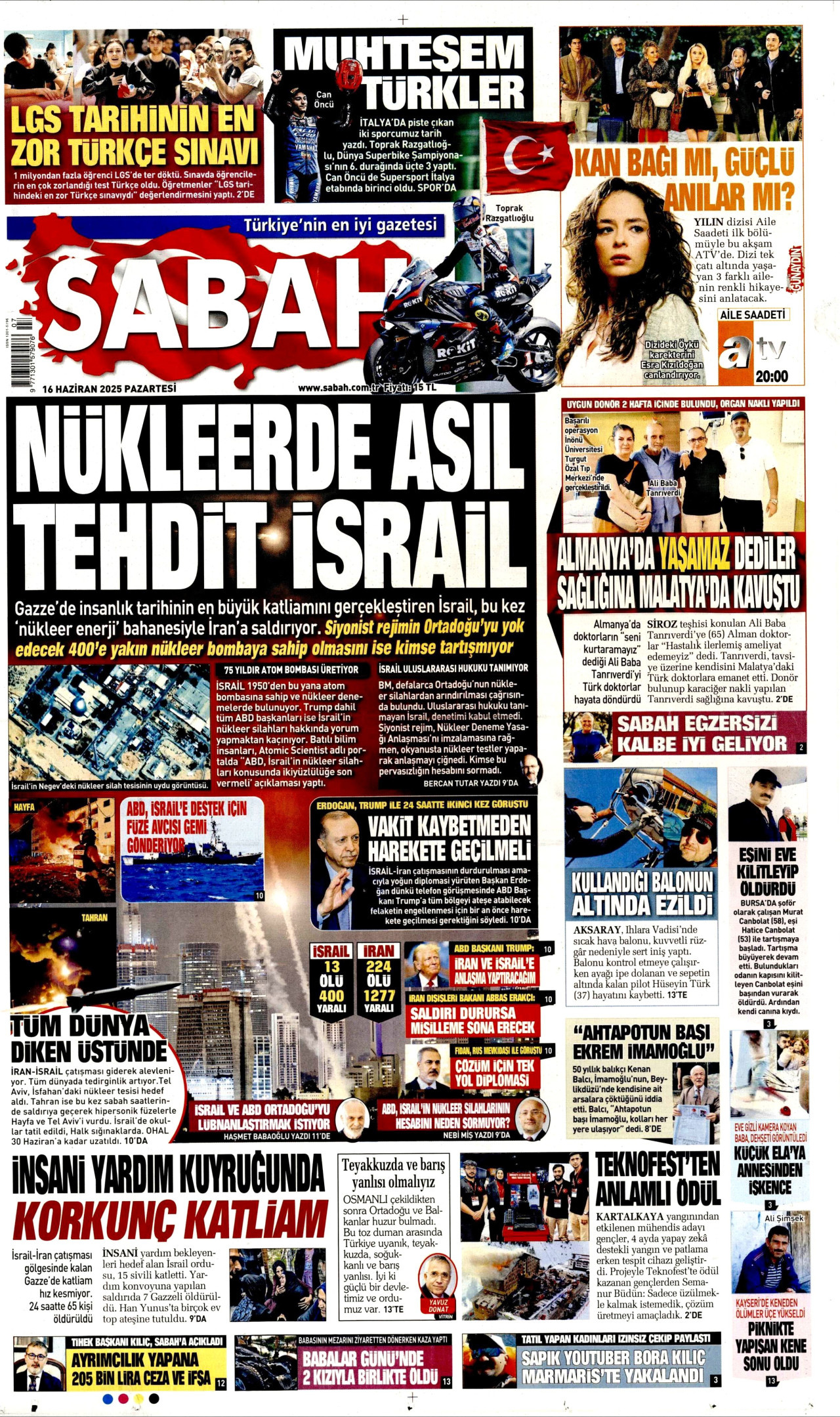 SABAH gazetesinin 16 Haziran 2025 tarihli birinci sayfası