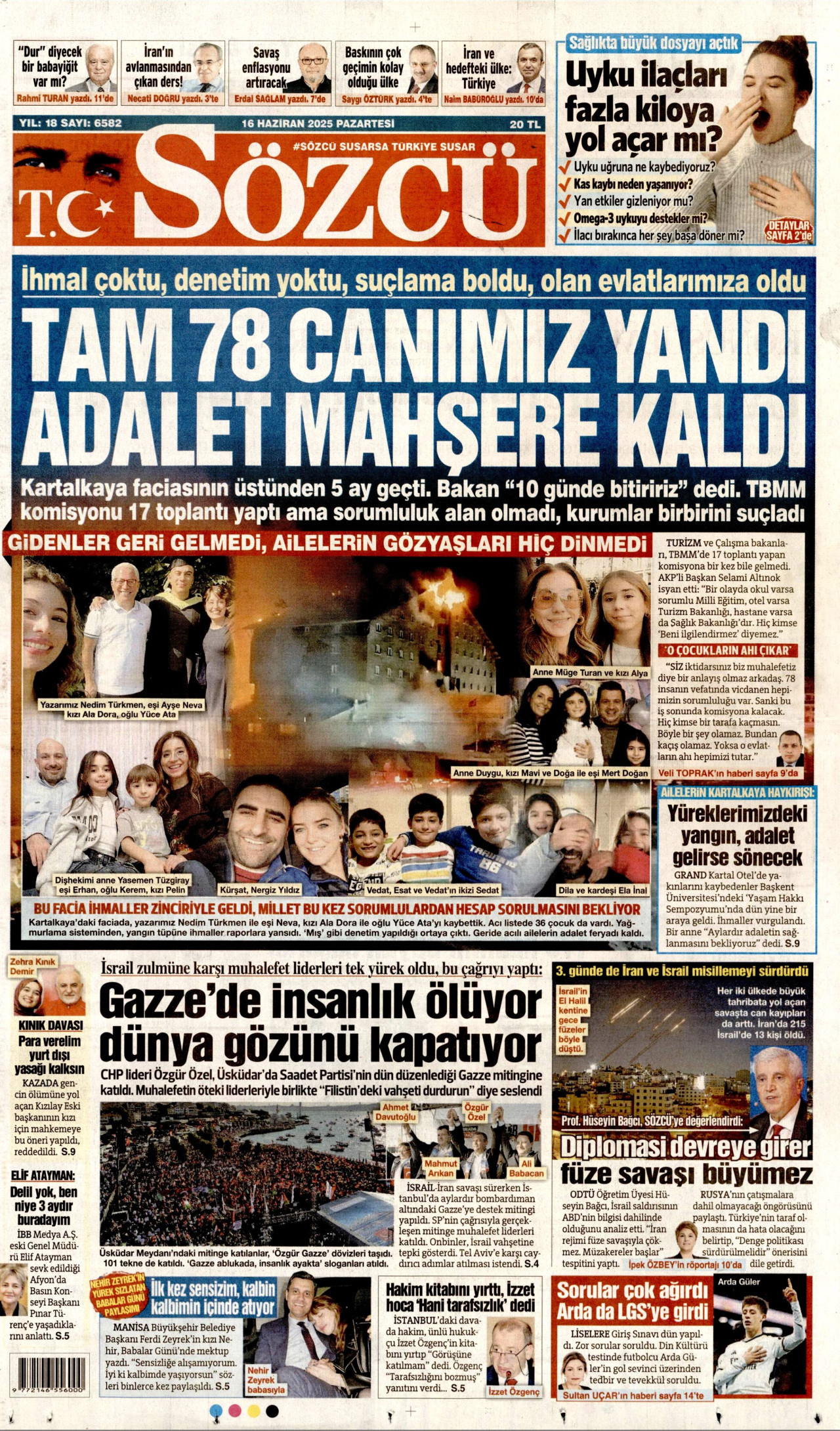 SÖZCÜ gazetesinin 16 Haziran 2025 tarihli birinci sayfası