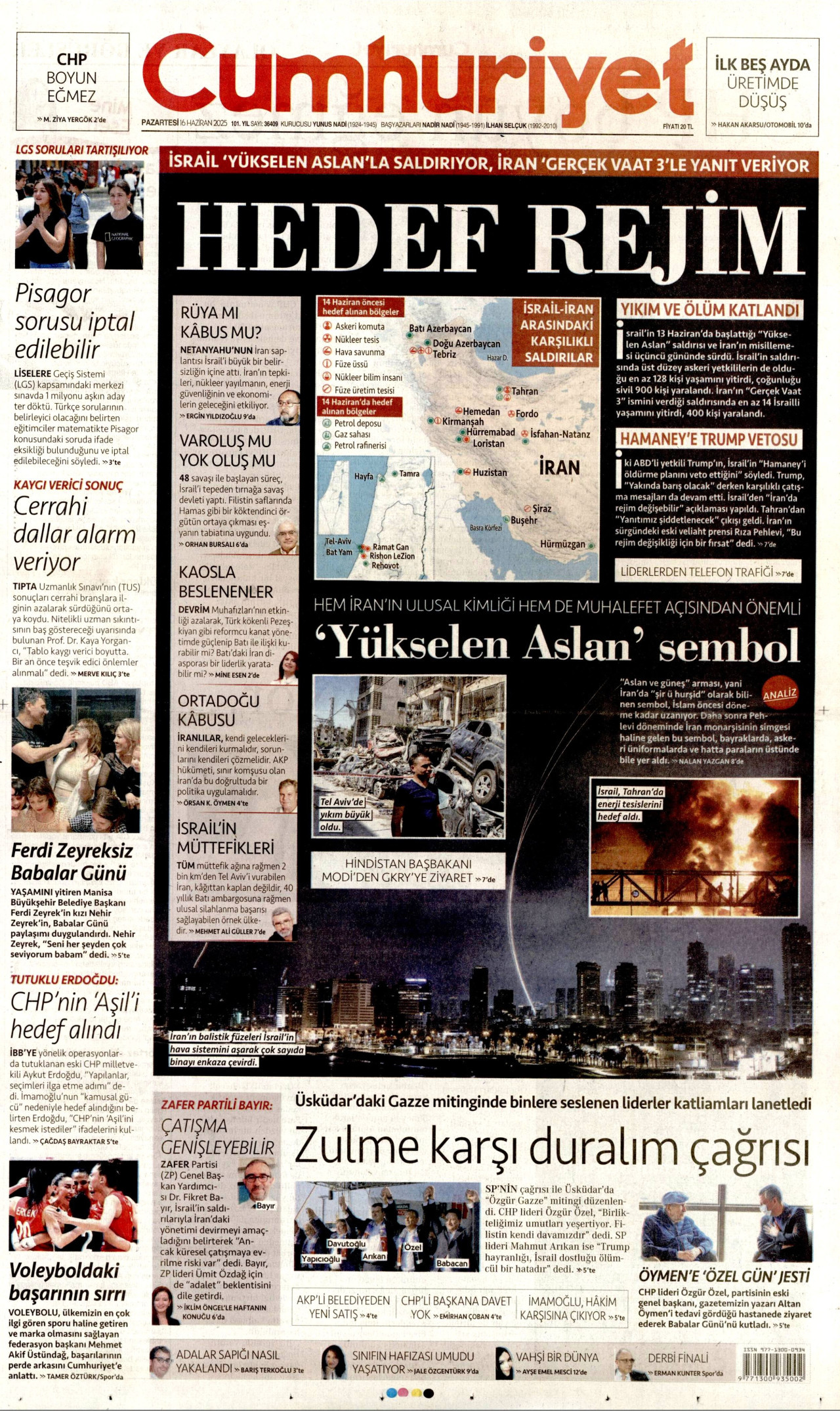 CUMHURİYET gazetesinin 16 Haziran 2025 tarihli birinci sayfası