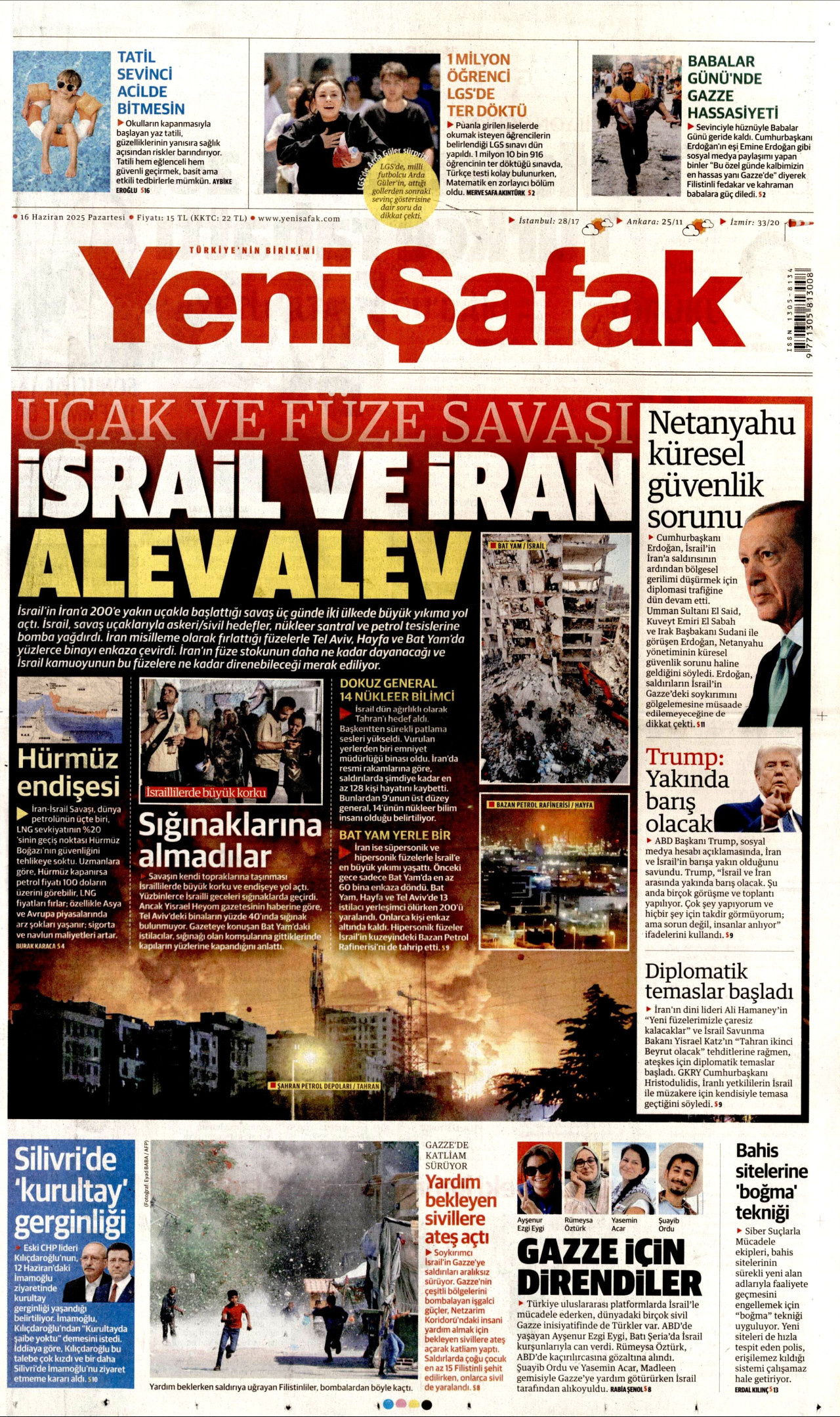 YENİ ŞAFAK gazetesinin 16 Haziran 2025 tarihli birinci sayfası