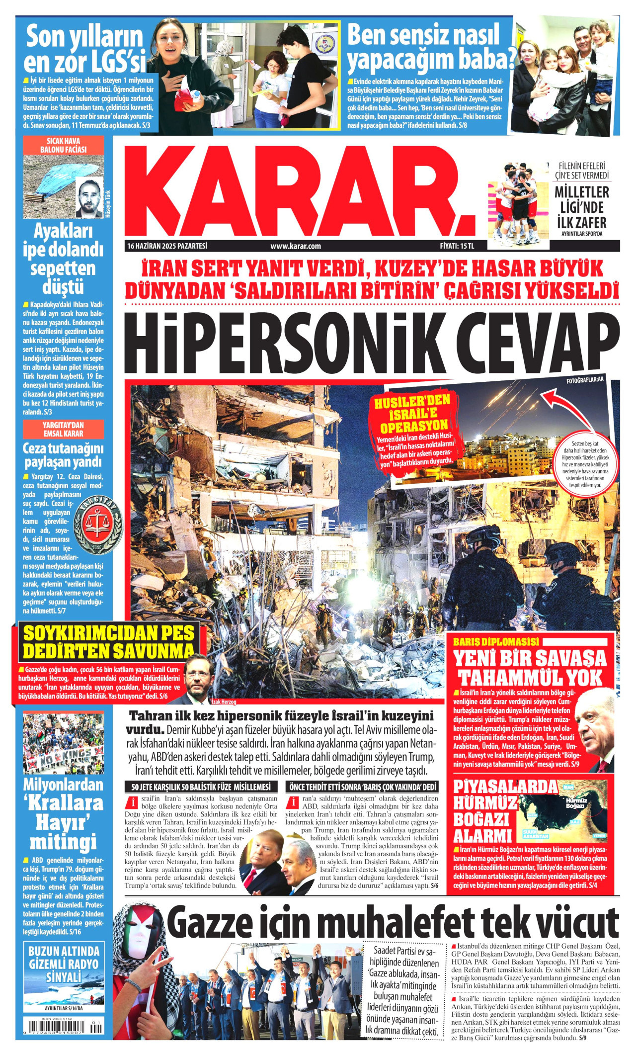 KARAR gazetesinin 16 Haziran 2025 tarihli birinci sayfası