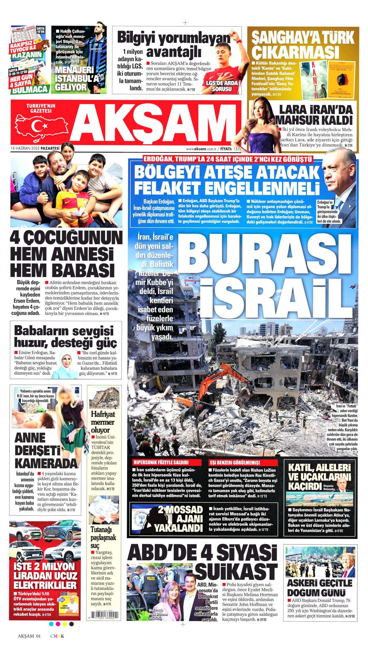 AKŞAM gazetesinin 16 Haziran 2025 tarihli birinci sayfası