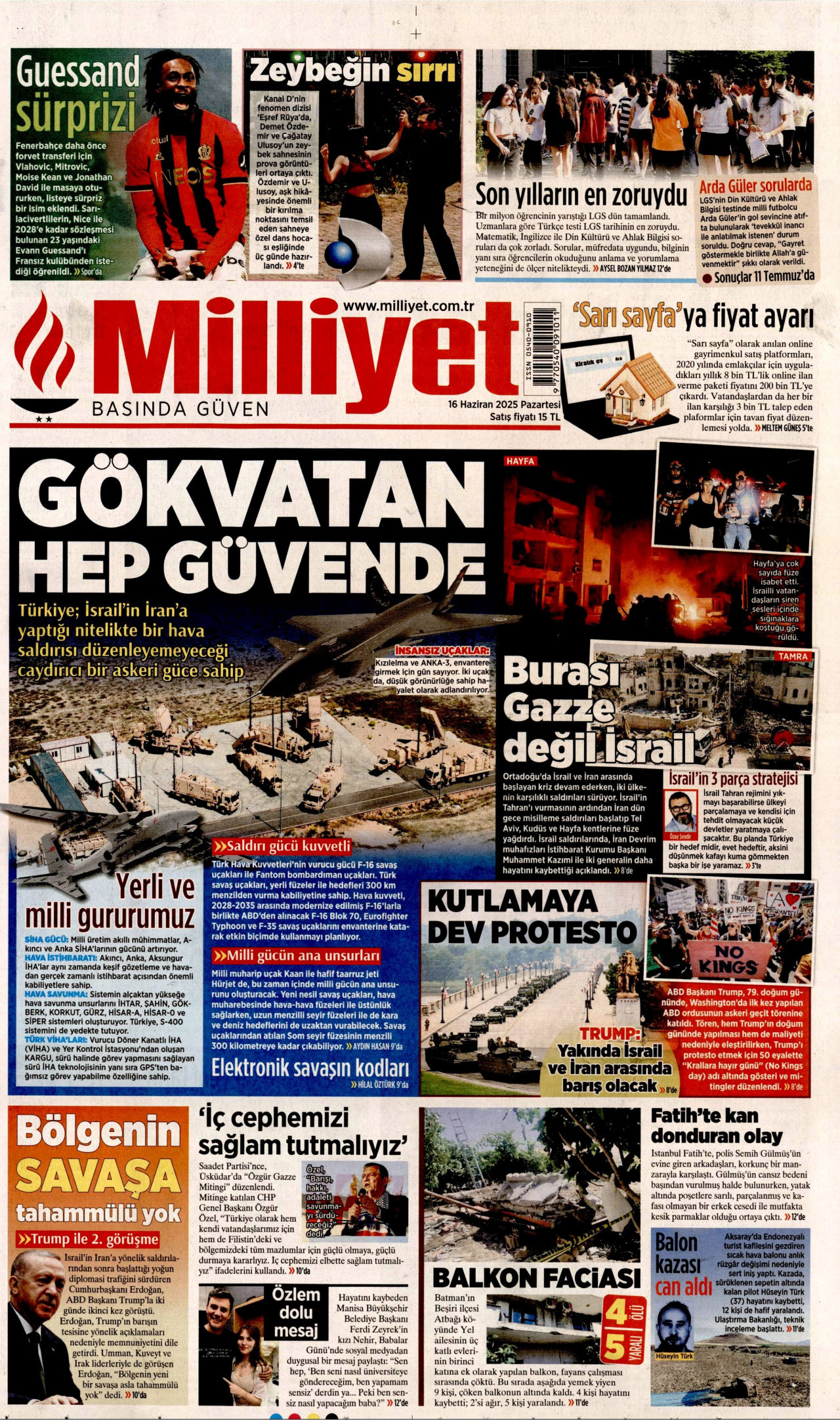 MİLLİYET gazetesinin 16 Haziran 2025 tarihli birinci sayfası