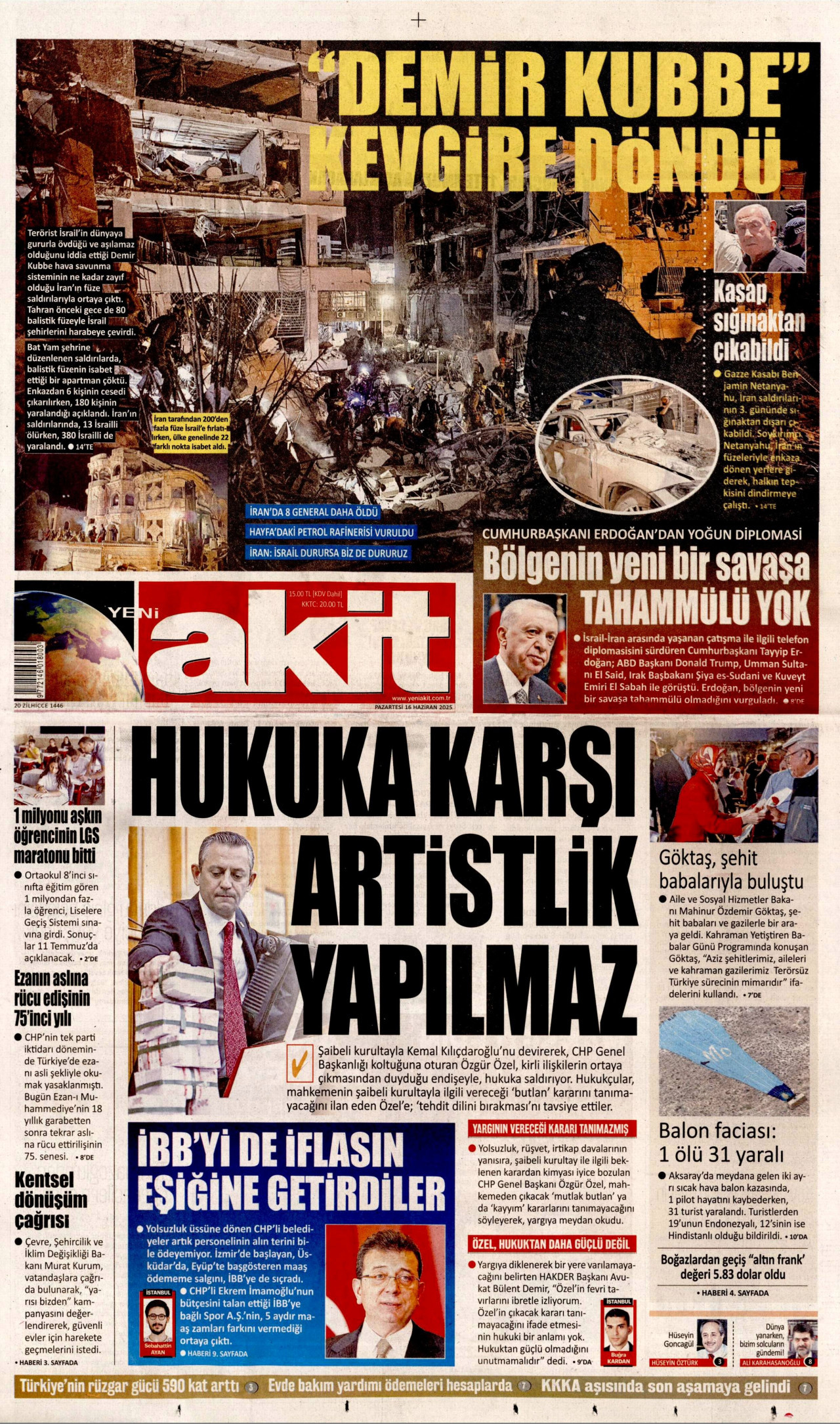 YENİ AKİT gazetesinin 16 Haziran 2025 tarihli birinci sayfası