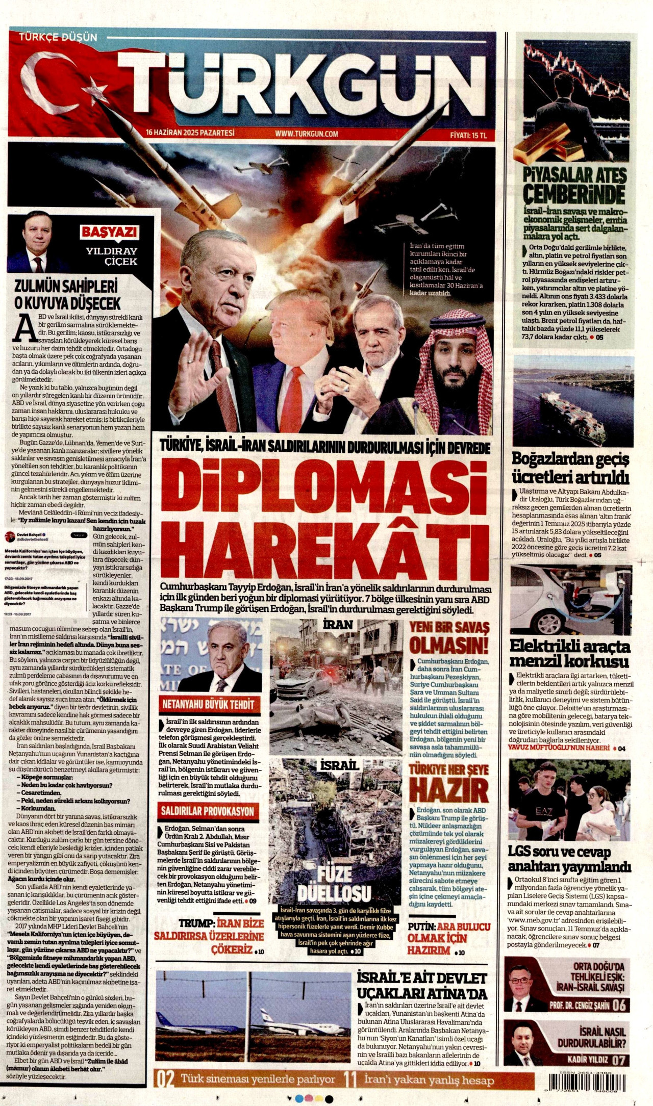 TÜRKGÜN gazetesinin 16 Haziran 2025 tarihli birinci sayfası