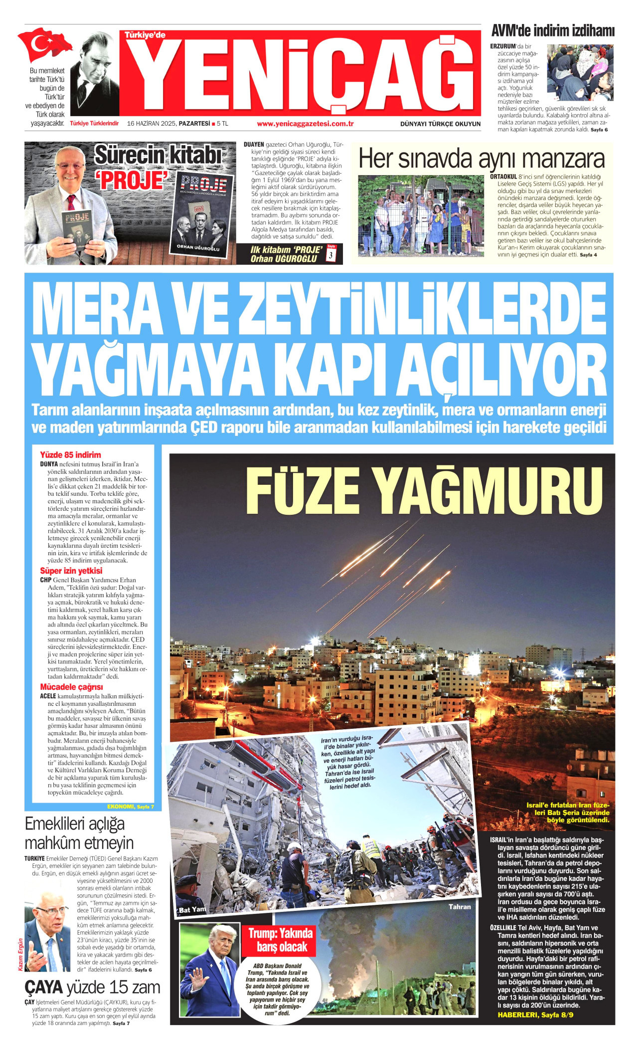 YENİÇAĞ gazetesinin 16 Haziran 2025 tarihli birinci sayfası