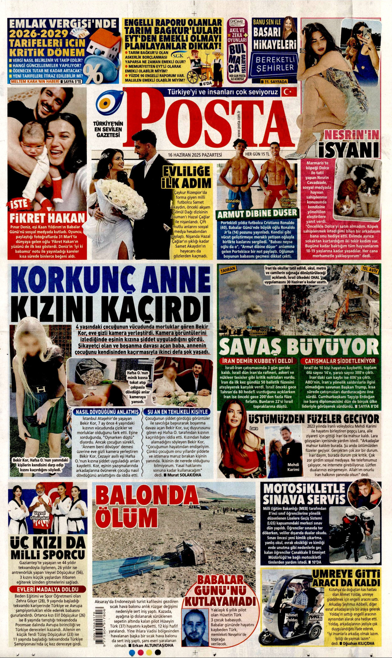 POSTA gazetesinin 16 Haziran 2025 tarihli birinci sayfası