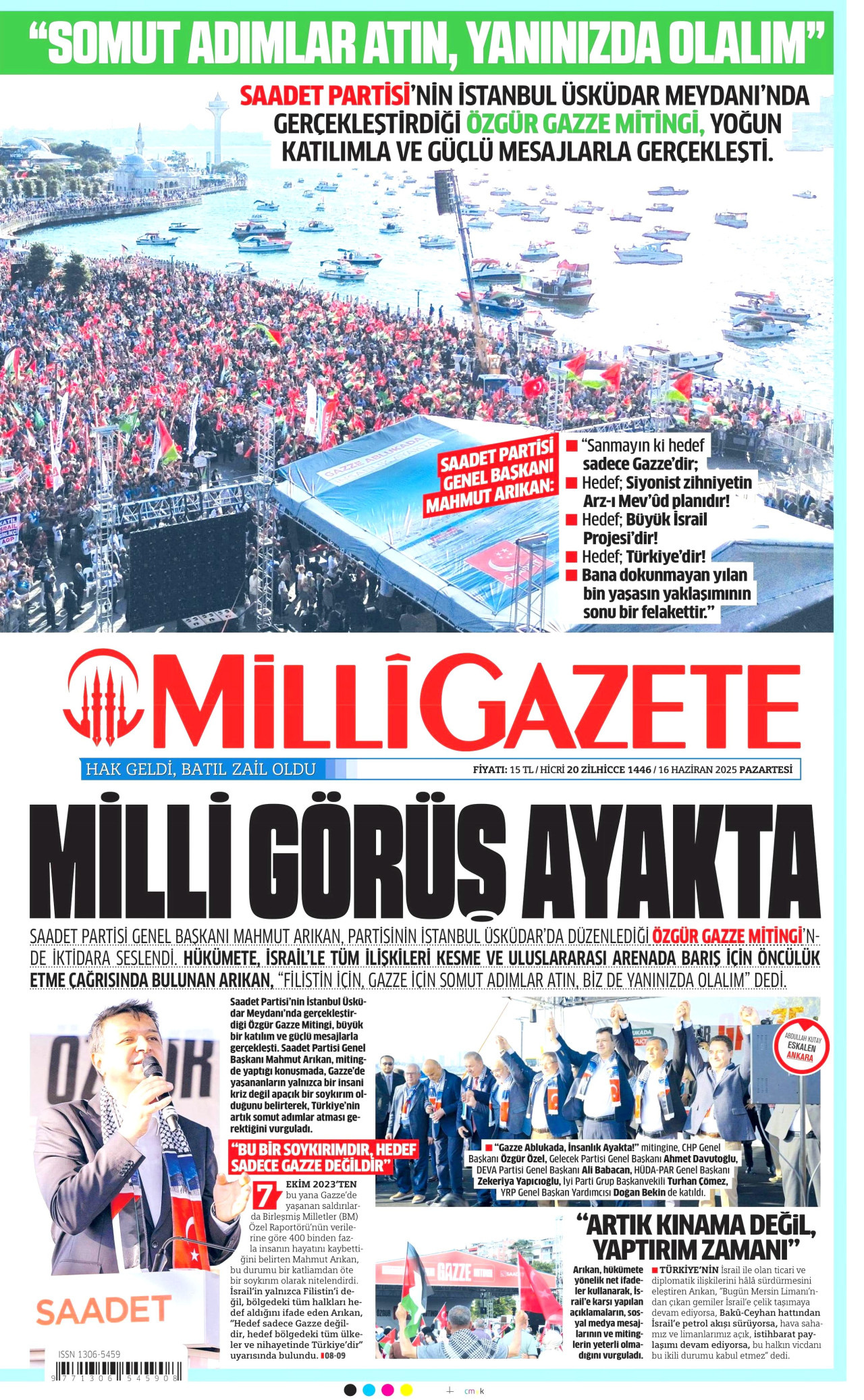 MİLLİ GAZETE gazetesinin 16 Haziran 2025 tarihli birinci sayfası