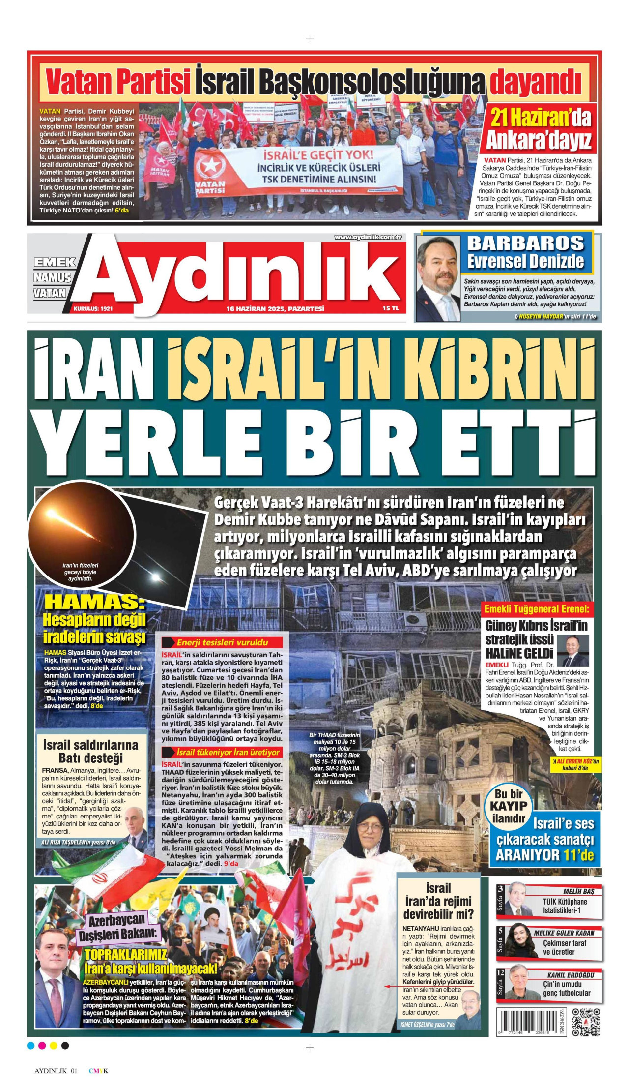 AYDINLIK GAZETESİ gazetesinin 16 Haziran 2025 tarihli birinci sayfası