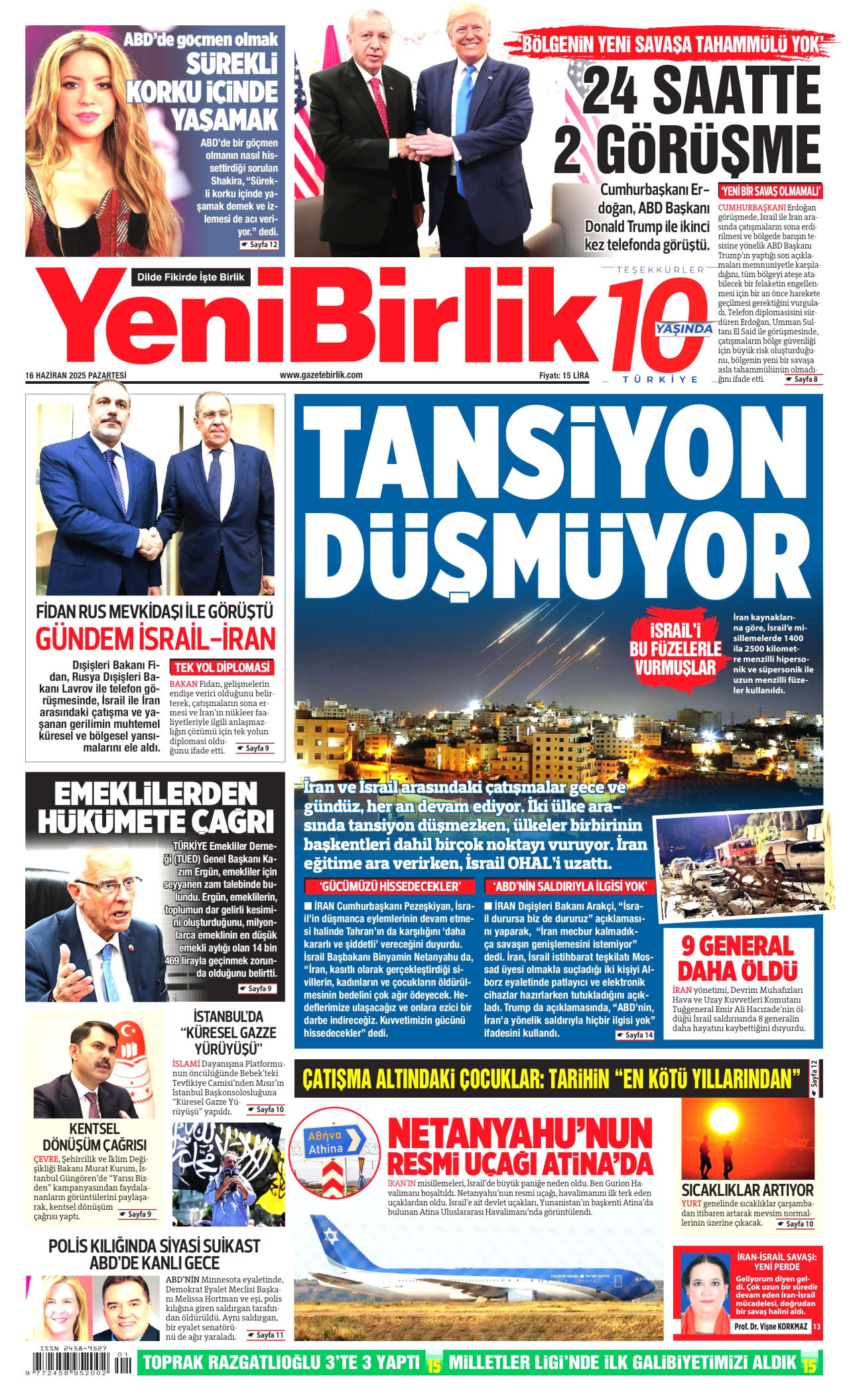 YENİBİRLİK gazetesinin 16 Haziran 2025 tarihli birinci sayfası