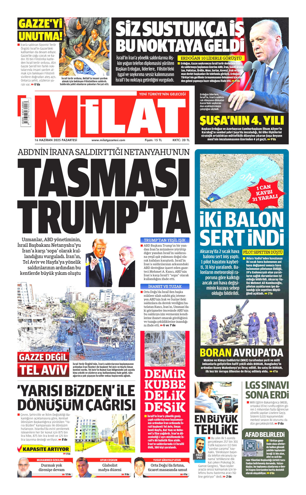 MİLAT gazetesinin 16 Haziran 2025 tarihli birinci sayfası