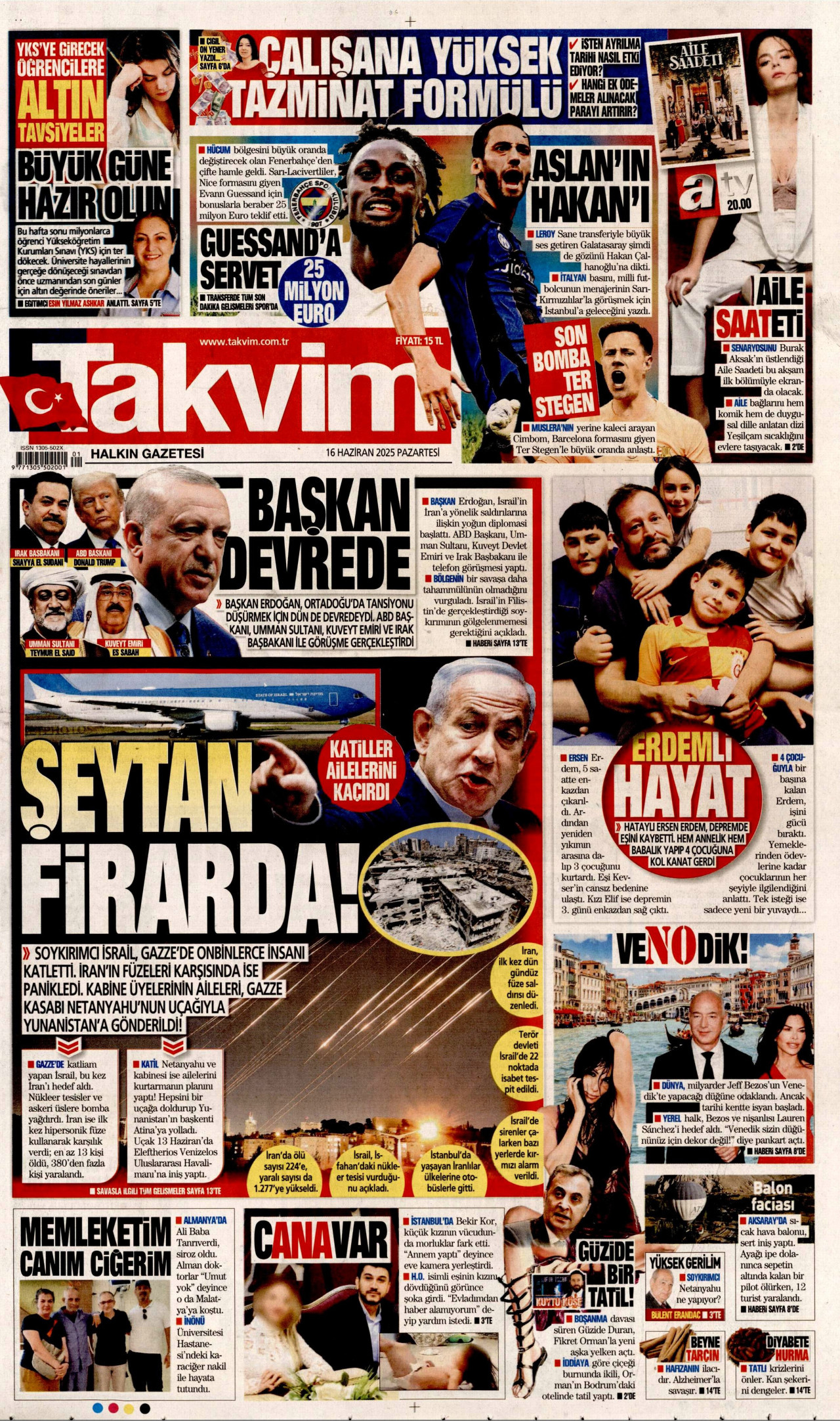 TAKVİM gazetesinin 16 Haziran 2025 tarihli birinci sayfası