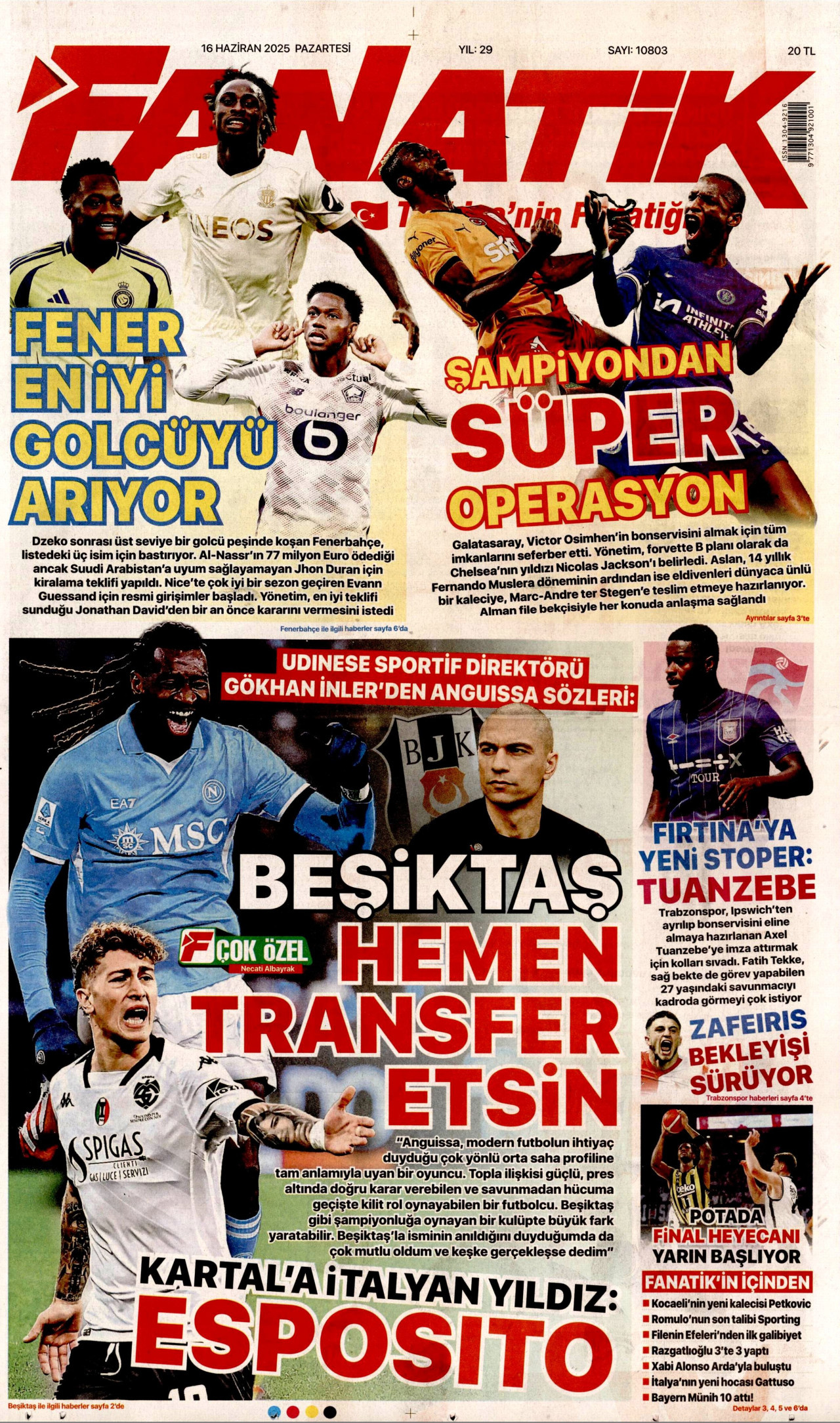 FANATİK gazetesinin 16 Haziran 2025 tarihli birinci sayfası