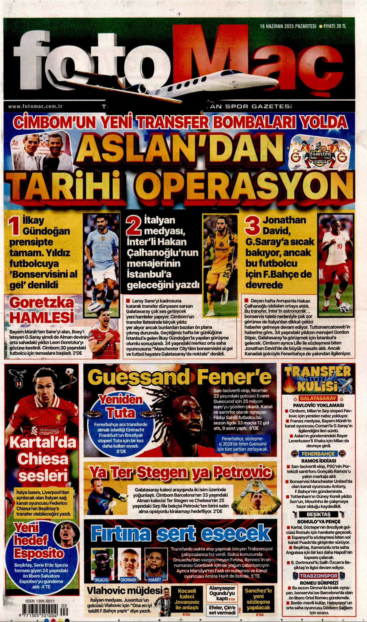 FOTOMAÇ gazetesinin 16 Haziran 2025 tarihli birinci sayfası