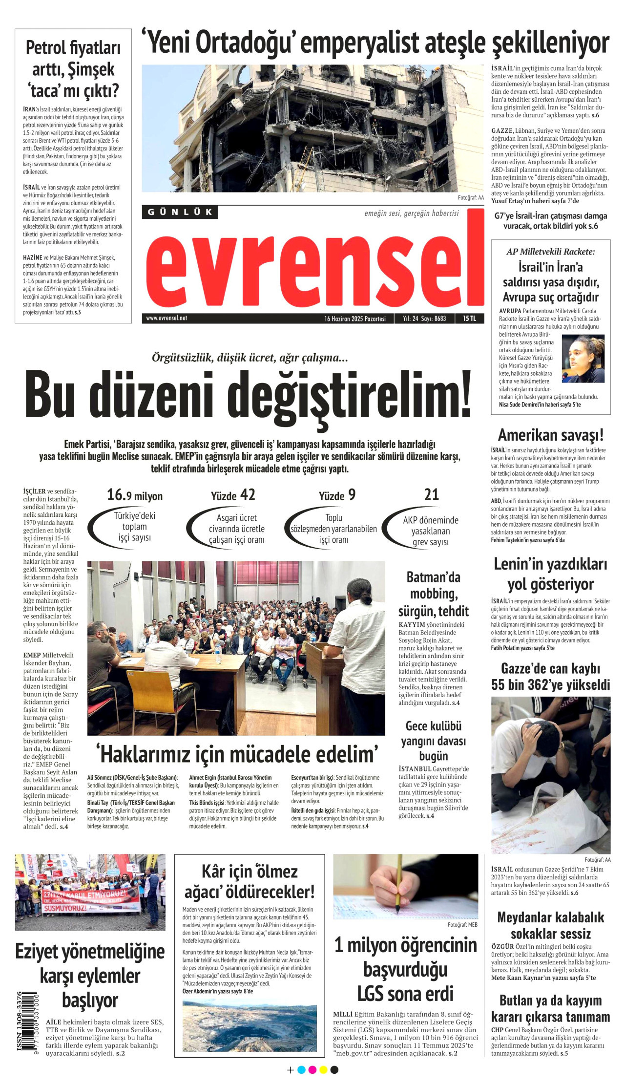 EVRENSEL gazetesinin 16 Haziran 2025 tarihli birinci sayfası
