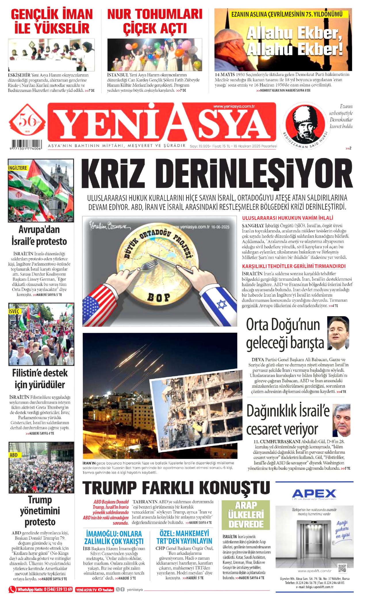 YENİ ASYA gazetesinin 16 Haziran 2025 tarihli birinci sayfası