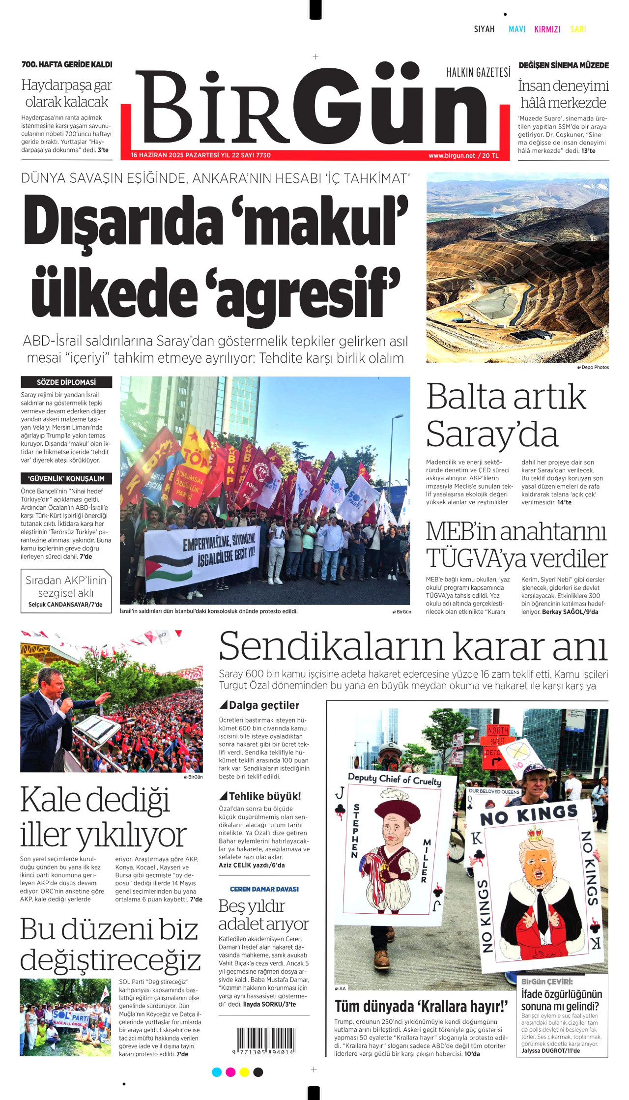 BİRGÜN gazetesinin 16 Haziran 2025 tarihli birinci sayfası