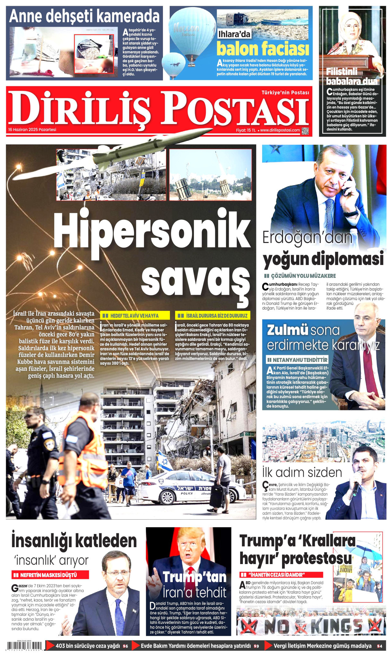 DİRİLİŞ POSTASI gazetesinin 16 Haziran 2025 tarihli birinci sayfası