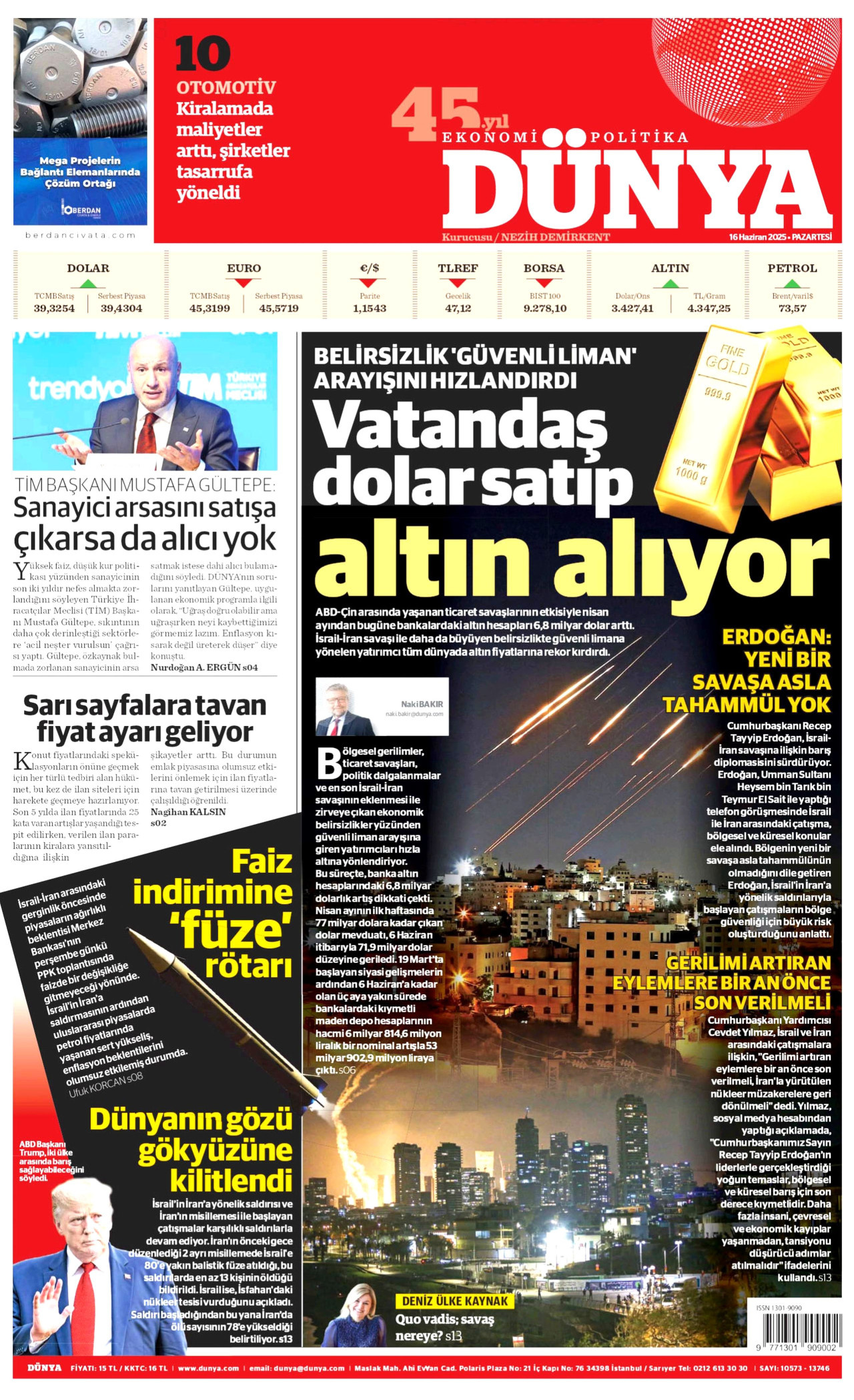 DÜNYA gazetesinin 16 Haziran 2025 tarihli birinci sayfası