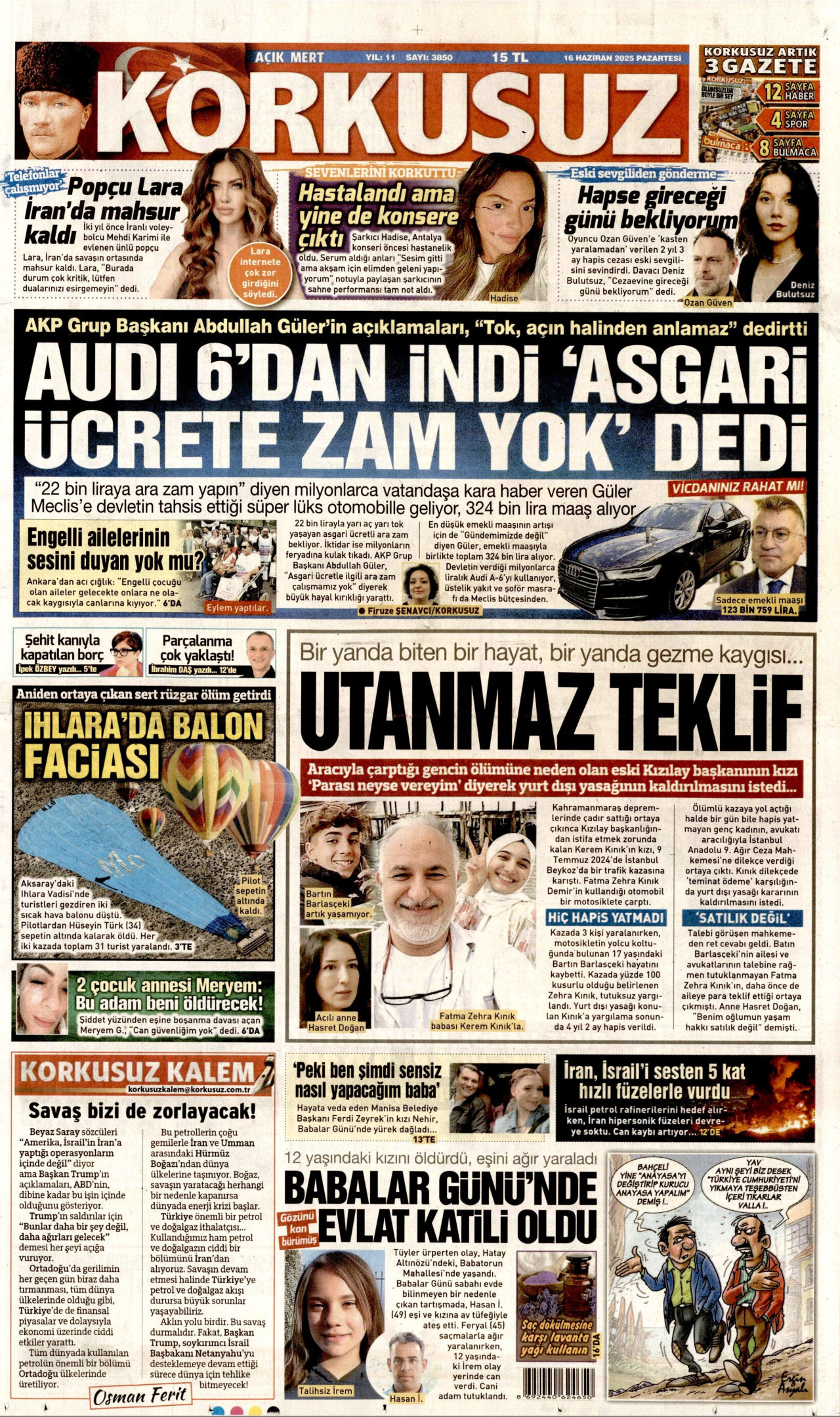 KORKUSUZ gazetesinin 16 Haziran 2025 tarihli birinci sayfası