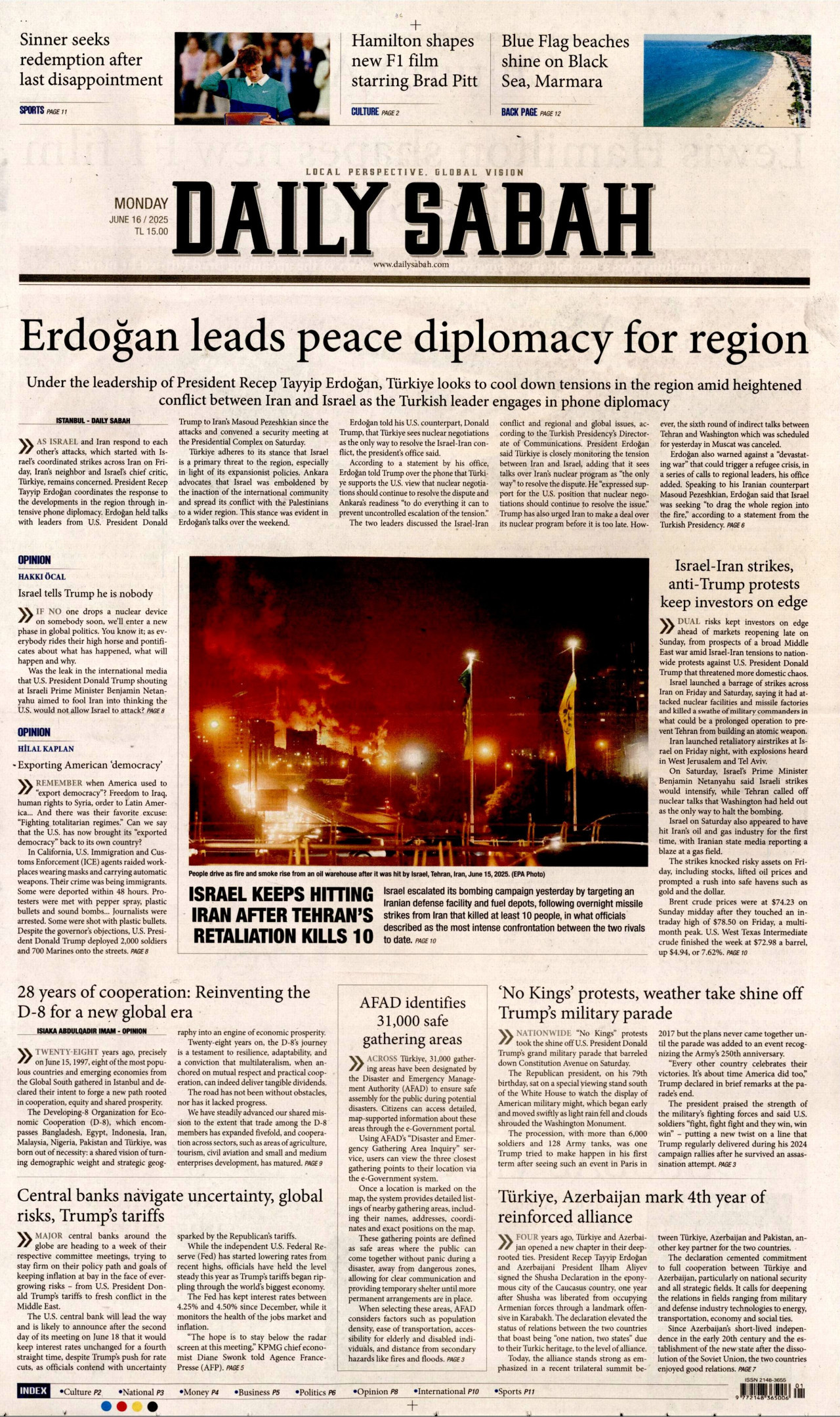 DAİLY SABAH gazetesinin 16 Haziran 2025 tarihli birinci sayfası