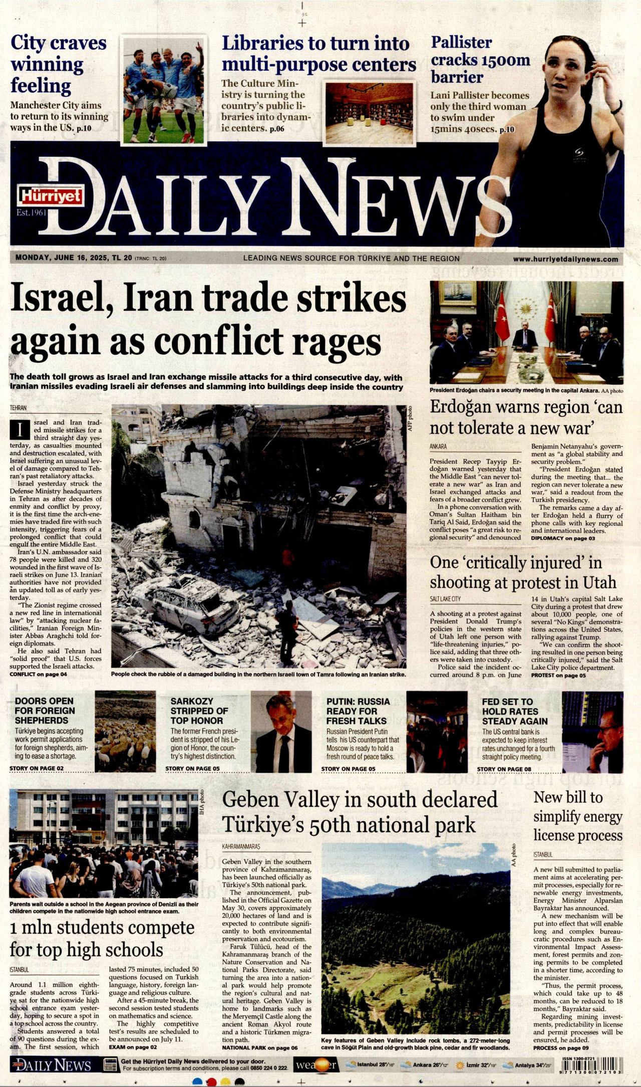 HÜRRİYET DAİLY NEWS gazetesinin 16 Haziran 2025 tarihli birinci sayfası