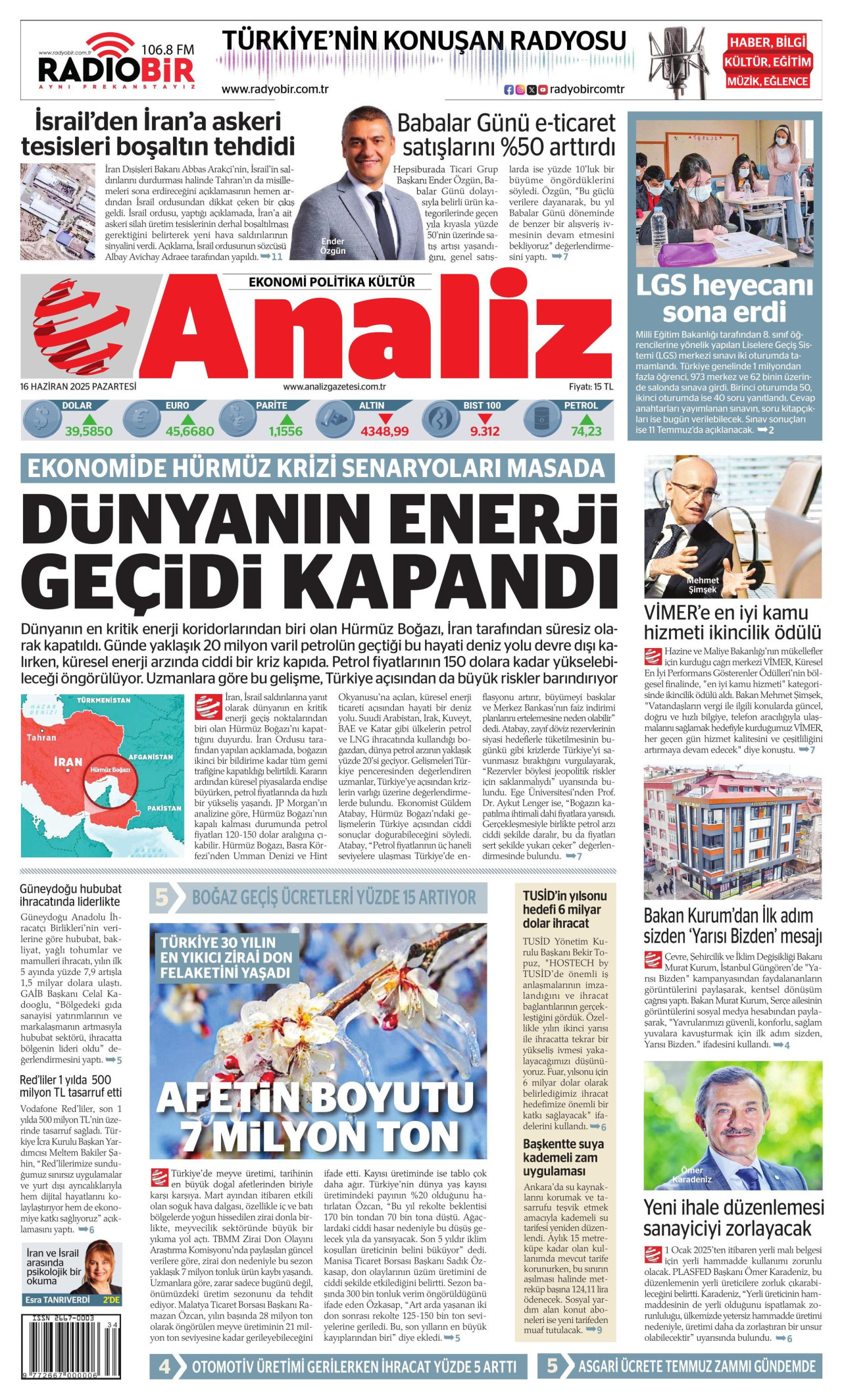 ANALİZ gazetesinin 16 Haziran 2025 tarihli birinci sayfası