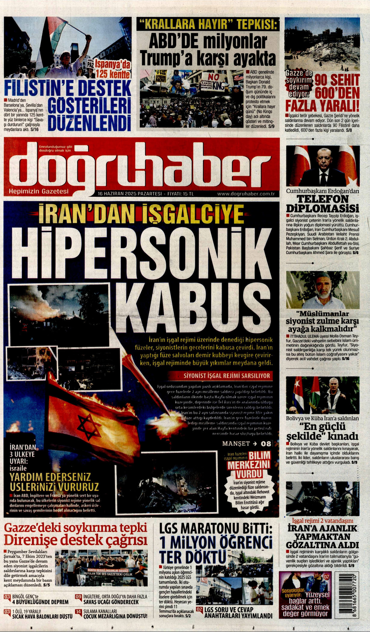DOĞRU HABER gazetesinin 16 Haziran 2025 tarihli birinci sayfası